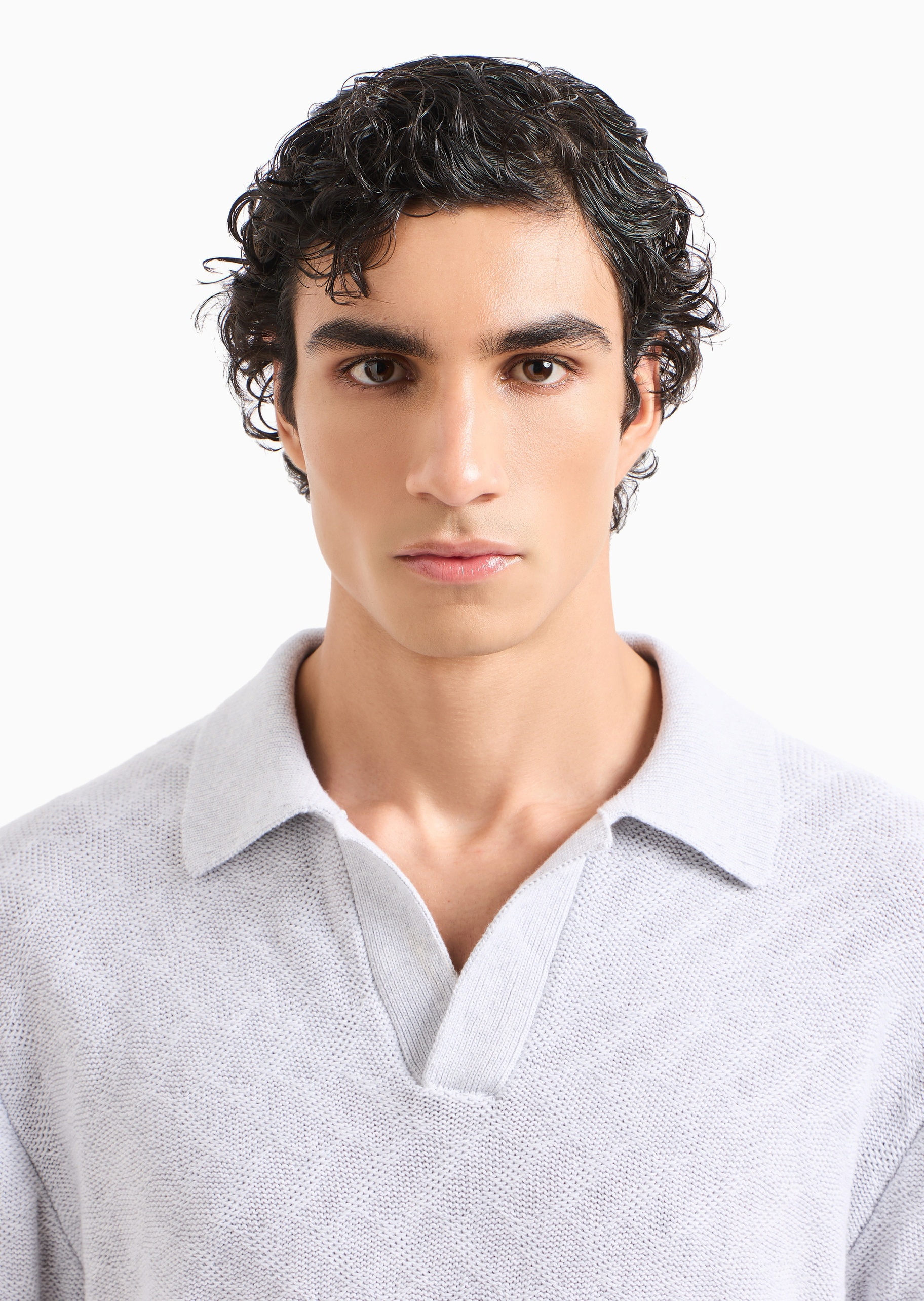 Giorgio Armani 男士全棉长袖V型翻领提花Polo衫