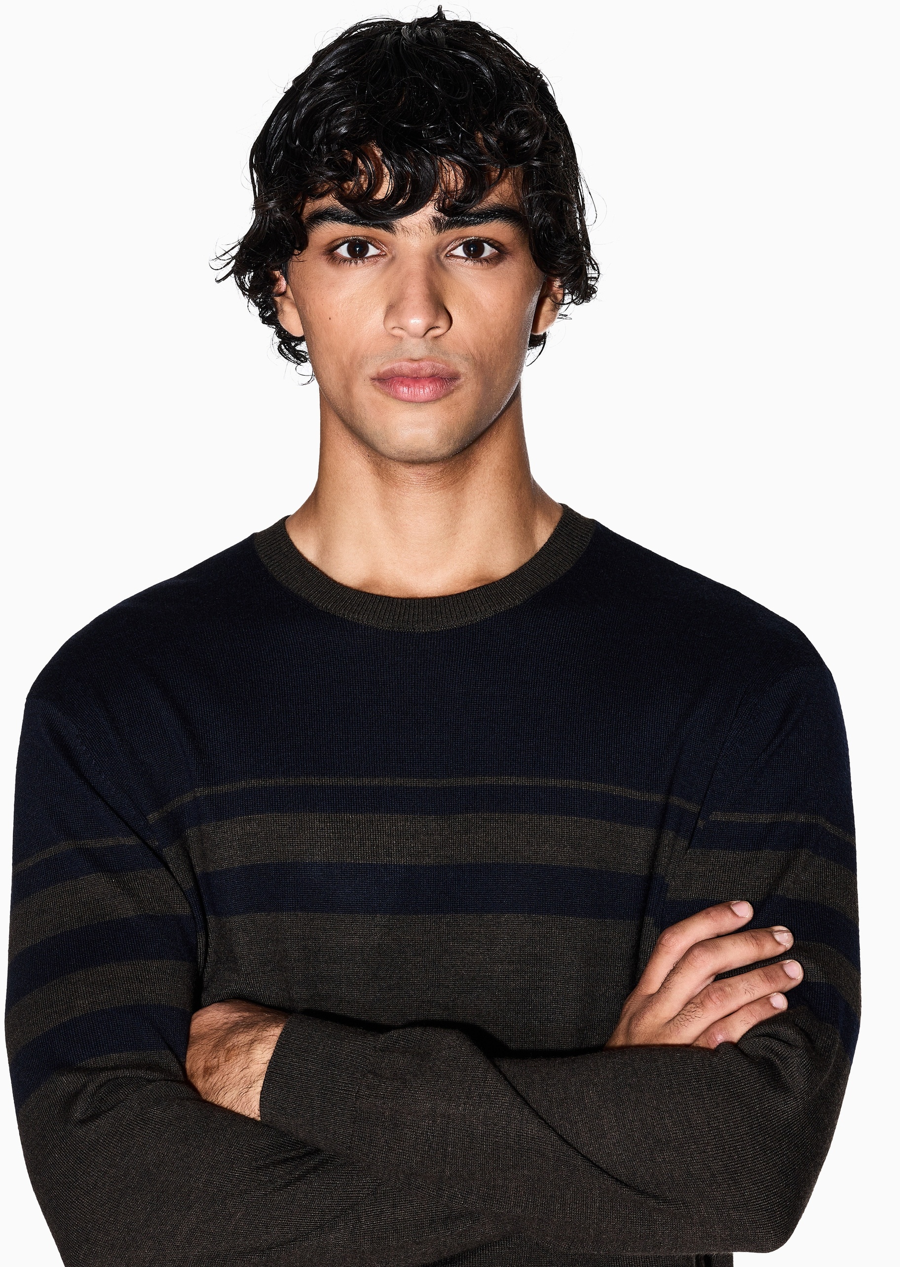 ARMANI EXCHANGE 男士圆领羊毛混纺条纹套头针织毛衣