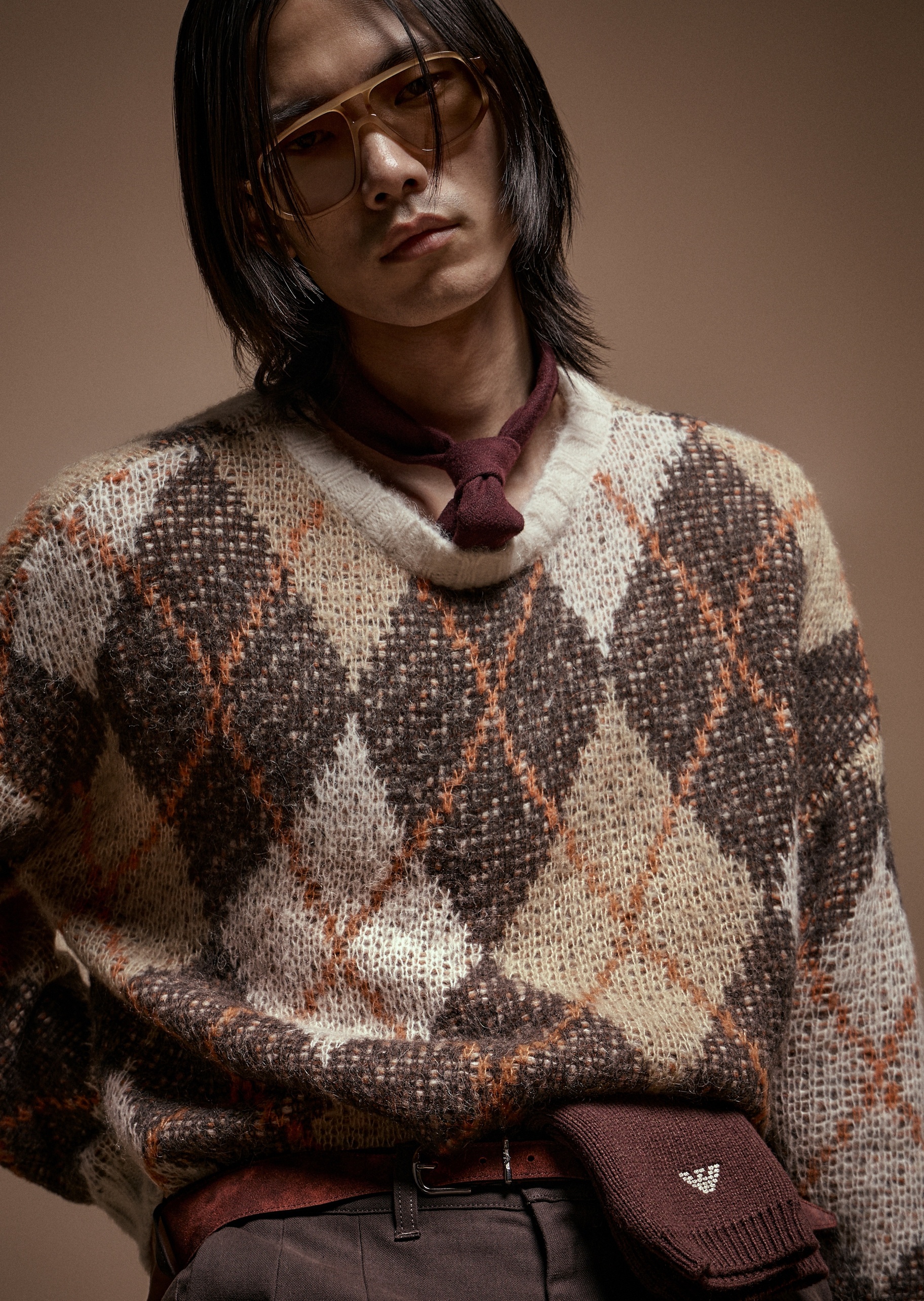 Emporio Armani 男士情侣款圆领菱格纹套头针织毛衣