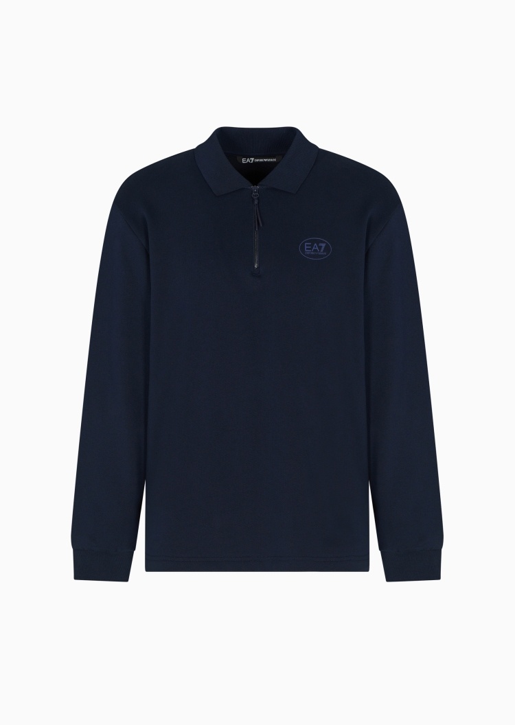 EA7 男士纯棉长袖翻领半拉链徽标印花Polo衫
