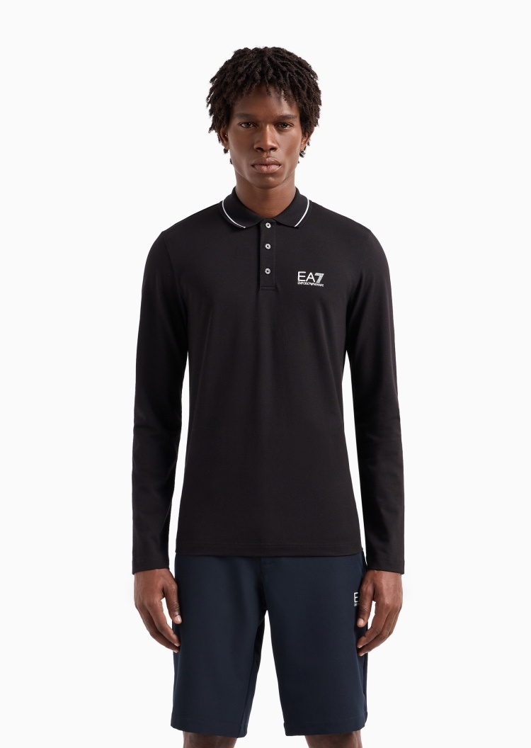 EA7 男士纯棉微弹修身长袖翻领运动Polo衫
