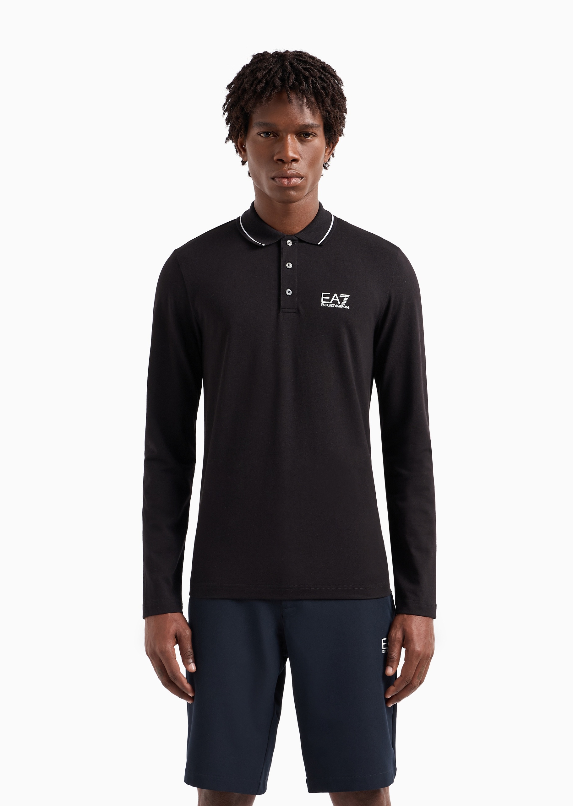 EA7 男士纯棉微弹修身长袖翻领运动Polo衫