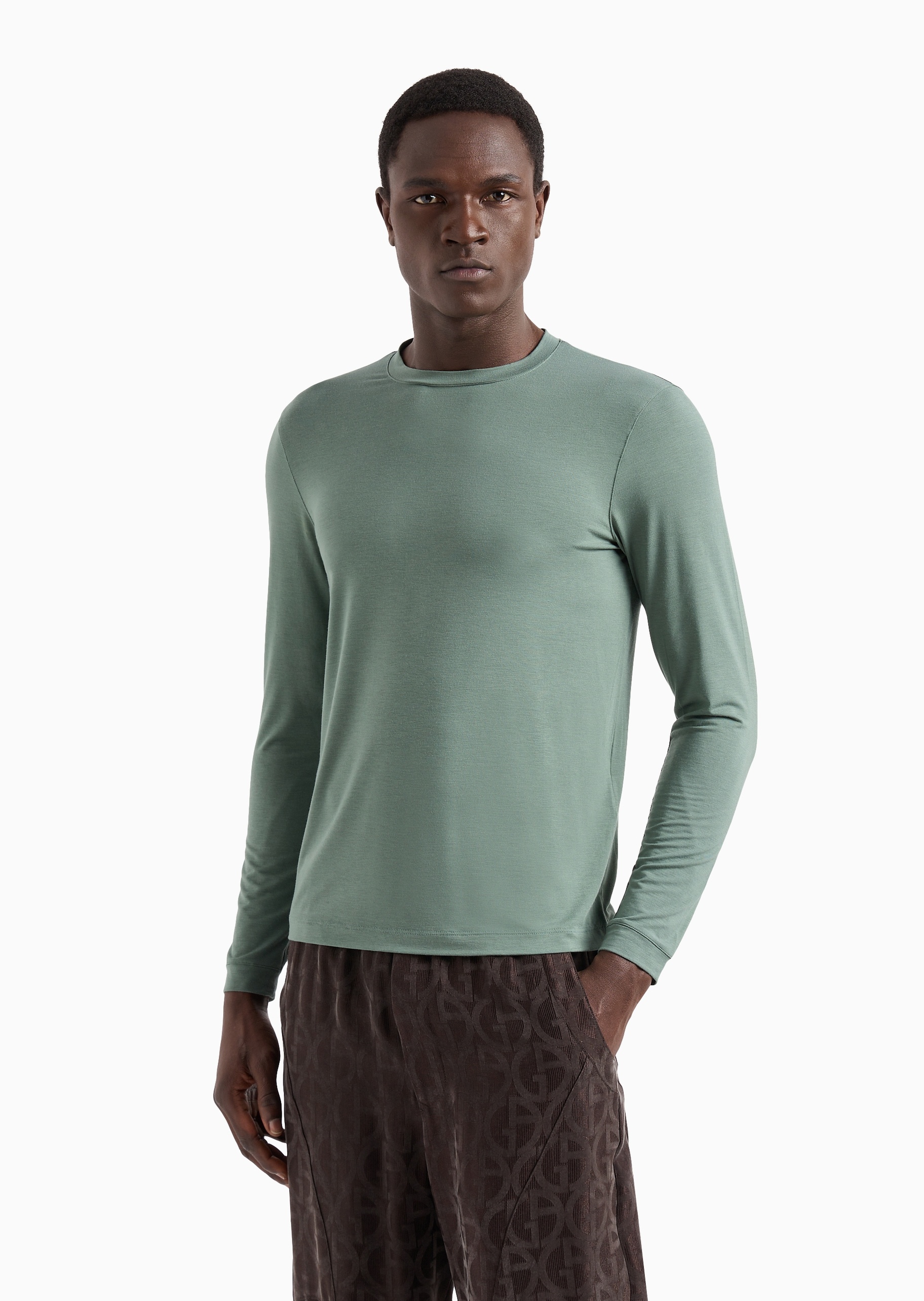 Giorgio Armani 男士人造棉弹力合身长袖圆领休闲纯色T恤