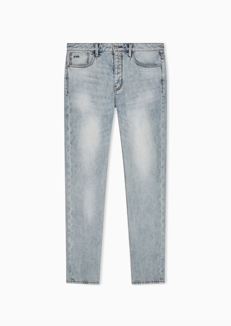 Emporio Armani 男士纯棉微弹修身低腰长款水洗做旧牛仔裤