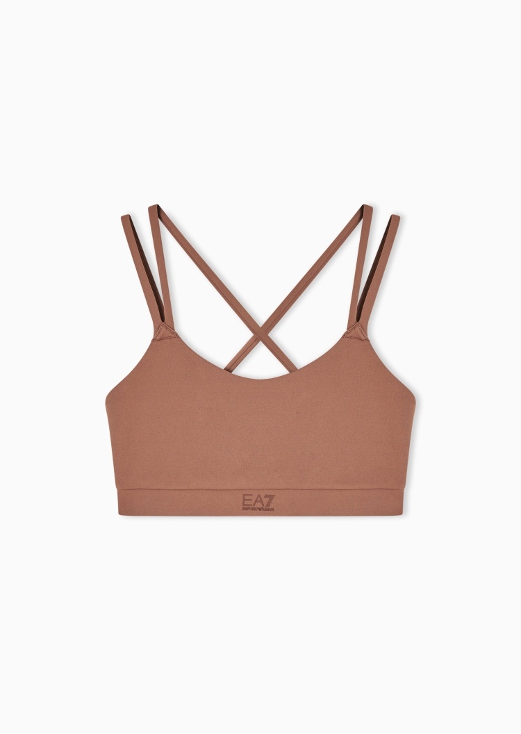 EA7 女士弹力圆领交叉肩带徽标印花运动文胸