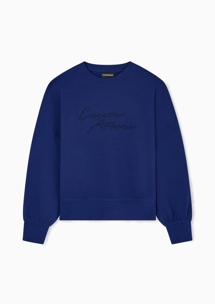Emporio Armani 女士棉质弹力宽松长袖圆领重磅套头刺绣卫衣