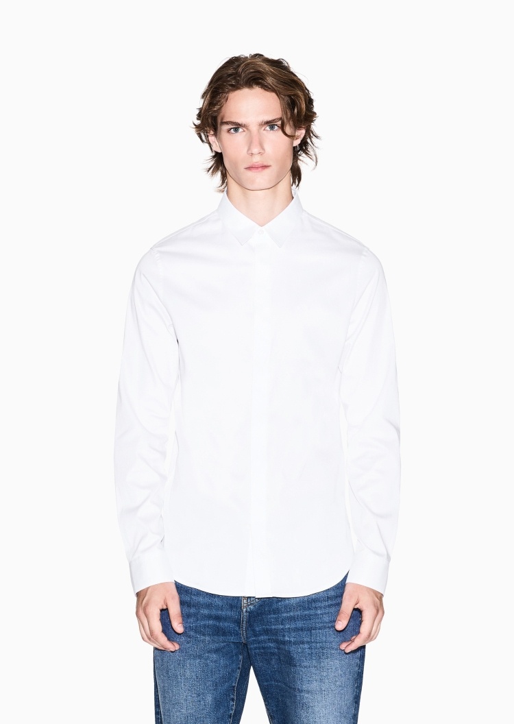 ARMANI EXCHANGE 男士纯棉微弹修身长袖翻领纯色简约衬衫