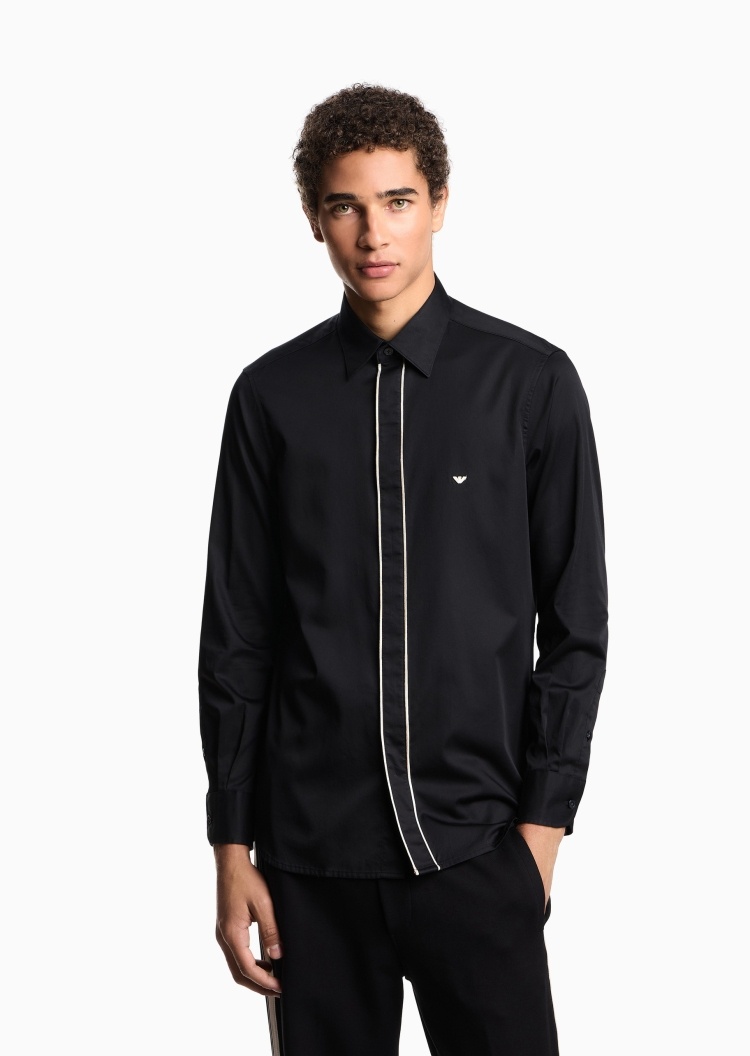 Emporio Armani 男士全棉长袖翻领暗门襟刺绣衬衫
