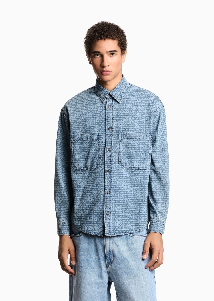 Emporio Armani 男士全棉长袖翻领经典老花牛仔衬衫