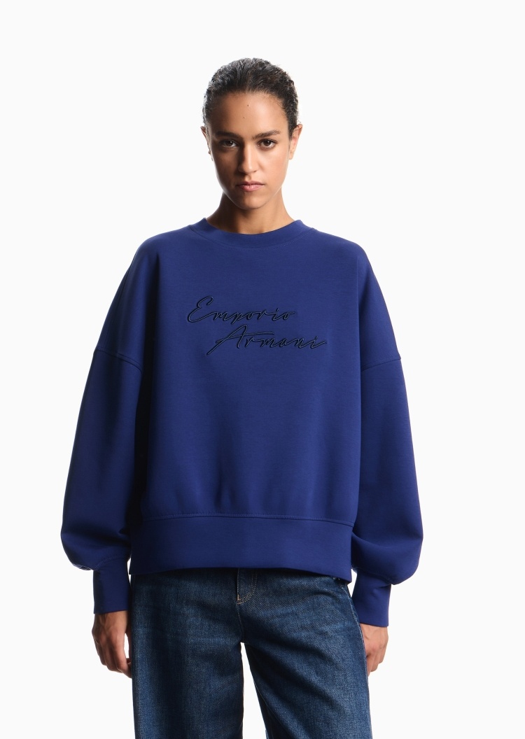 Emporio Armani 女士棉质弹力宽松长袖圆领重磅套头刺绣卫衣
