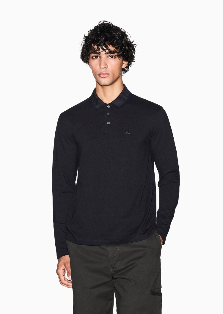 ARMANI EXCHANGE 男士珠地纯棉长袖翻领刺绣Polo衫