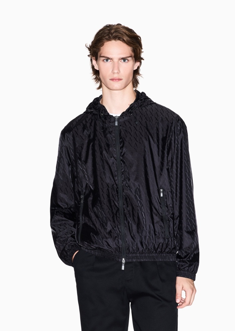 ARMANI EXCHANGE 男士长袖连帽拉链门襟满印字母夹克