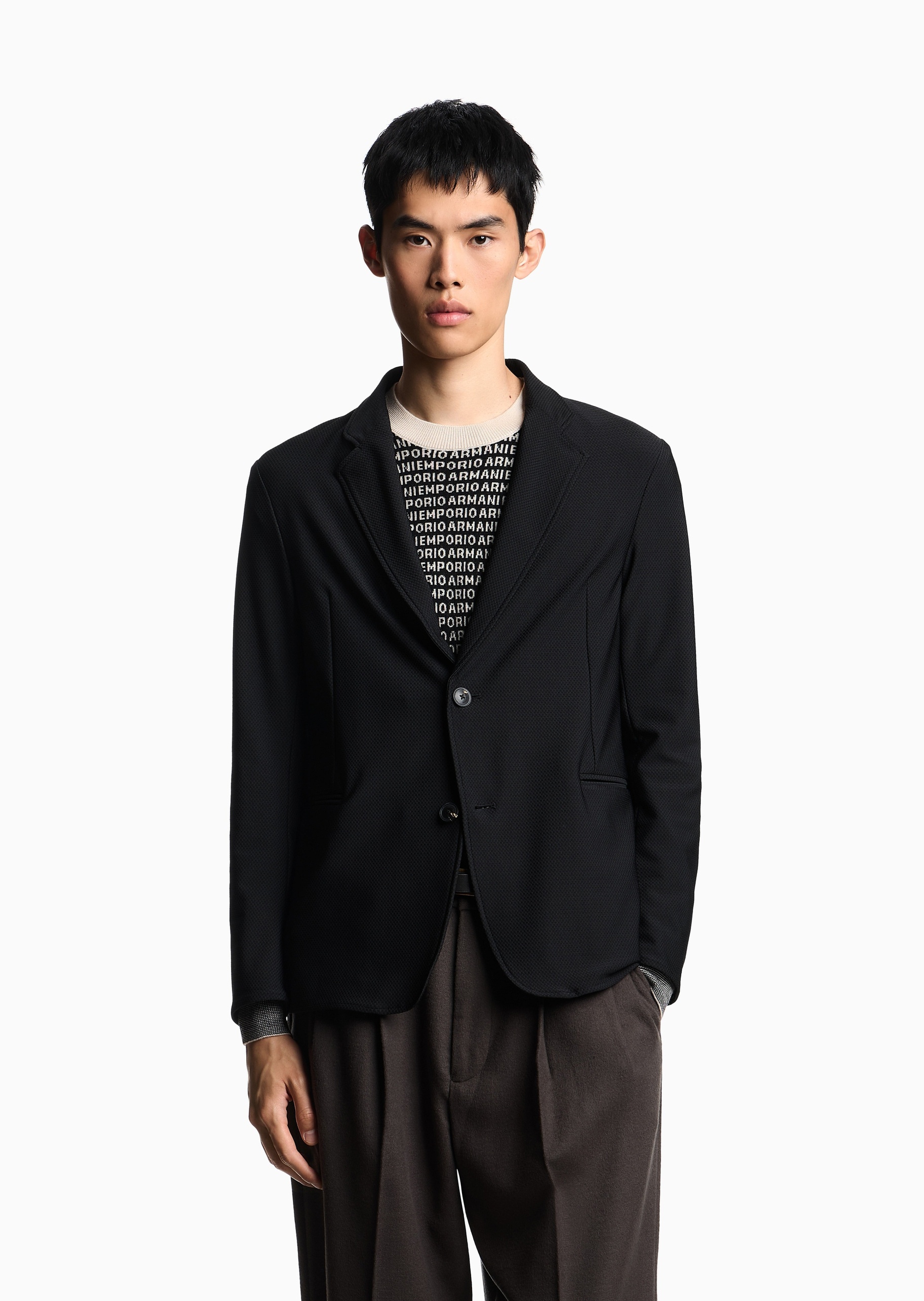 Emporio Armani 男士弹力长袖平驳领单排扣西装外套