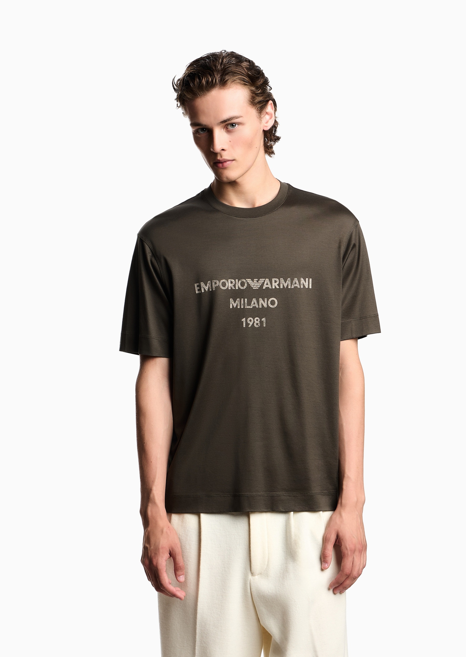 Emporio Armani 男士莱赛尔合身短袖圆领重磅做旧印花T恤衫