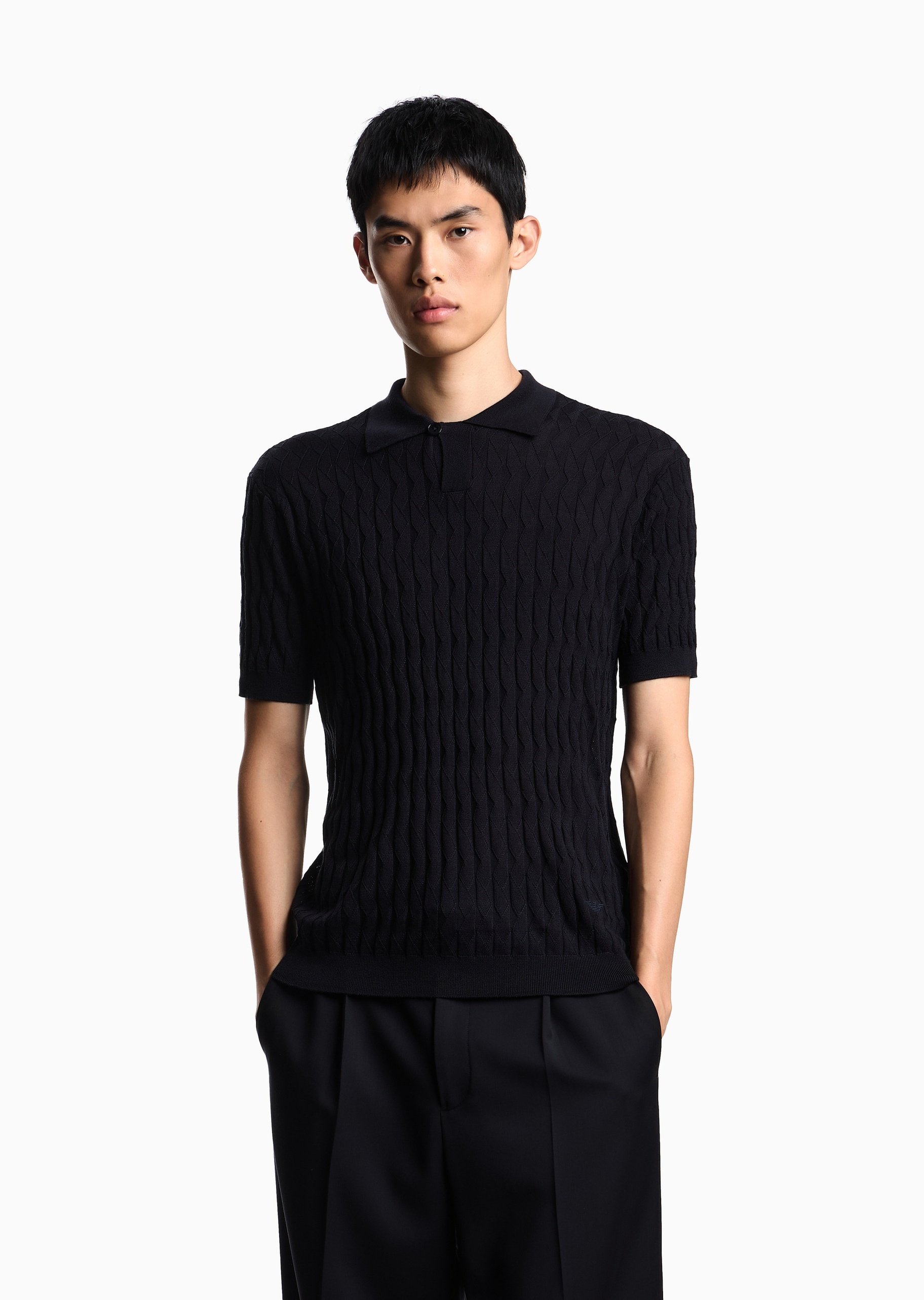 Emporio Armani 男士短袖Polo领纯色压花针织衫