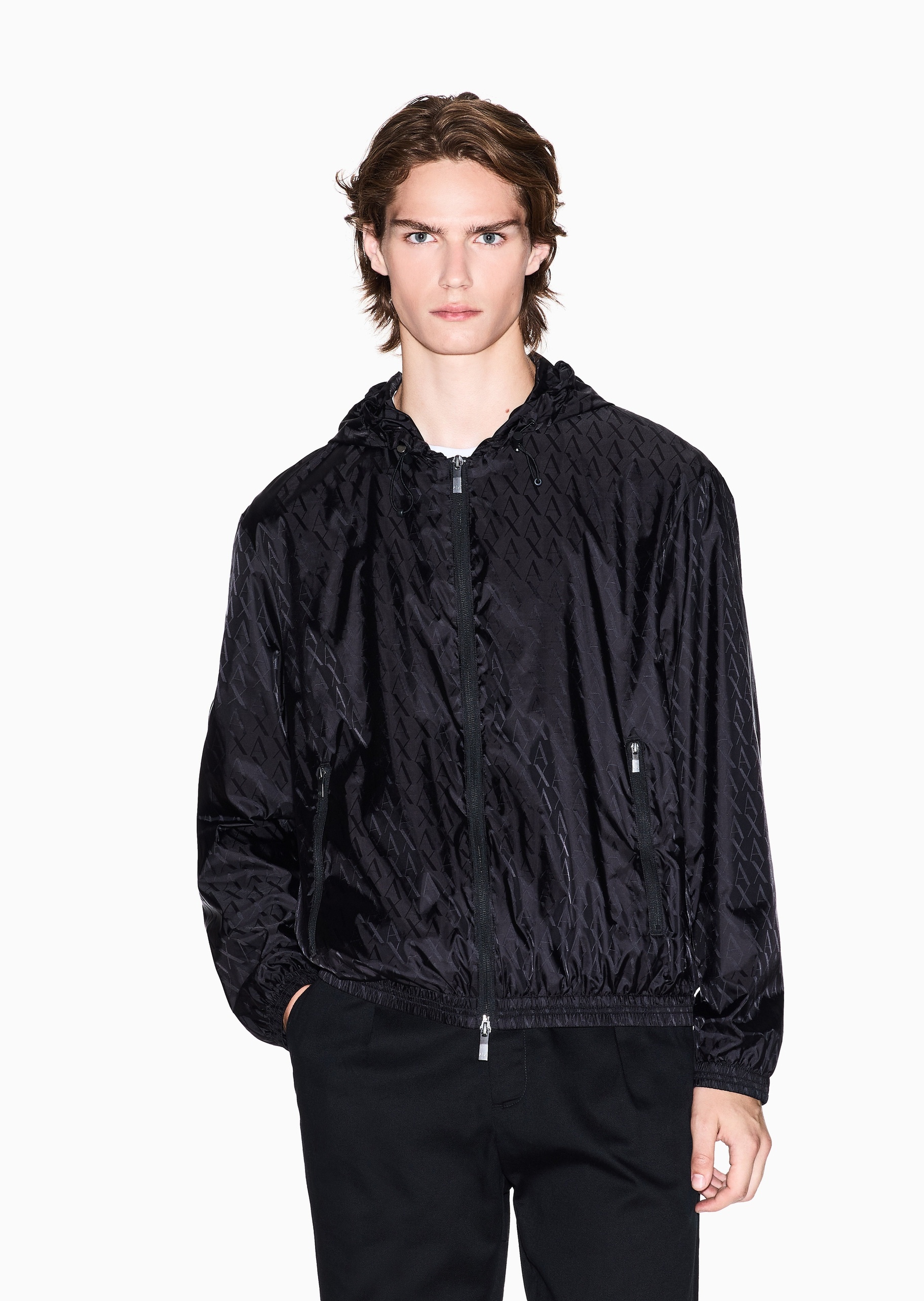 ARMANI EXCHANGE 男士长袖连帽拉链门襟满印字母夹克