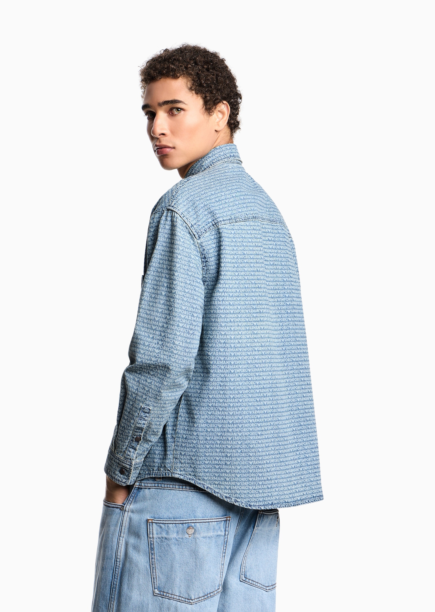 Emporio Armani 男士全棉长袖翻领经典老花牛仔衬衫