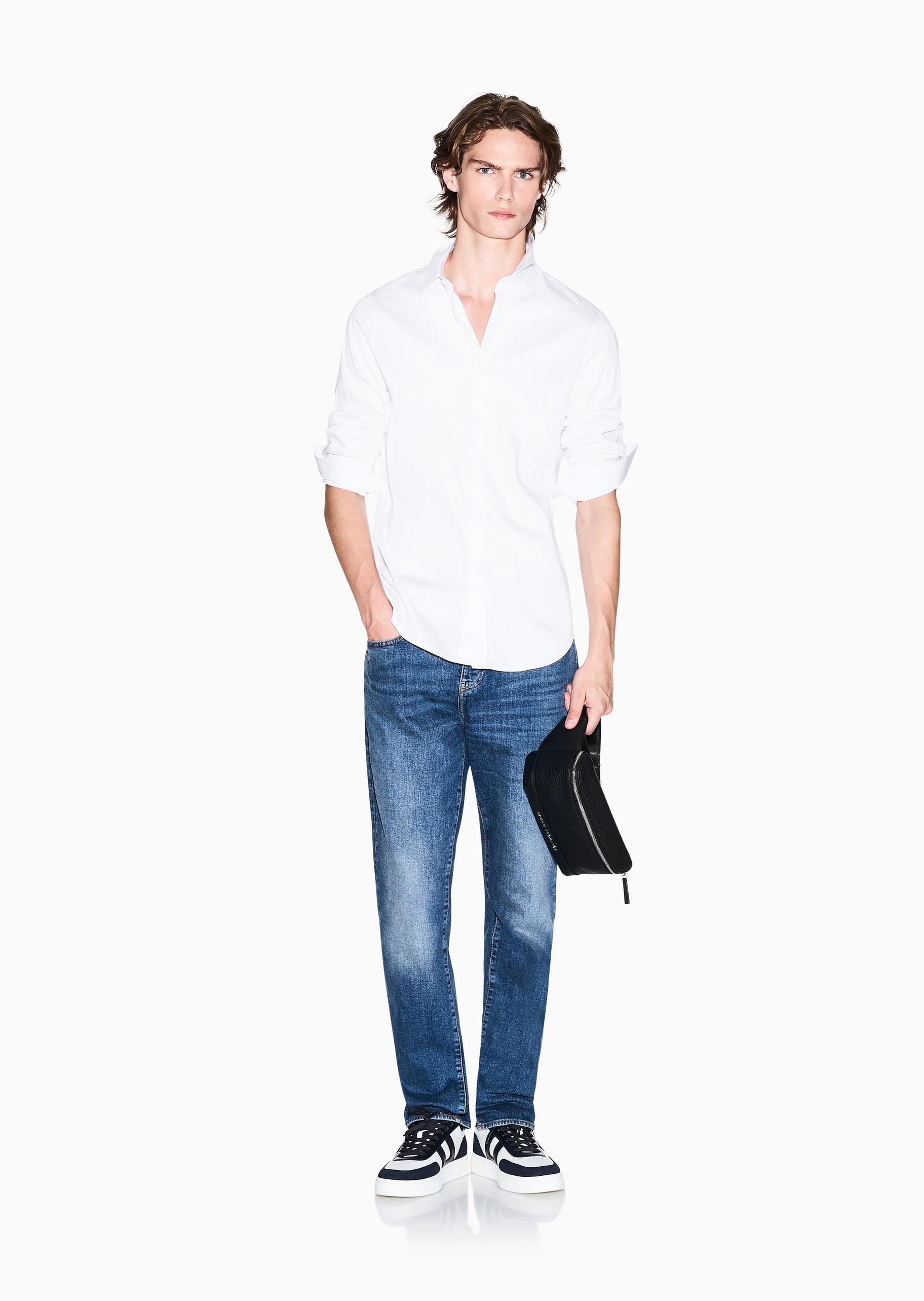 ARMANI EXCHANGE 男士纯棉微弹修身长袖翻领纯色简约衬衫