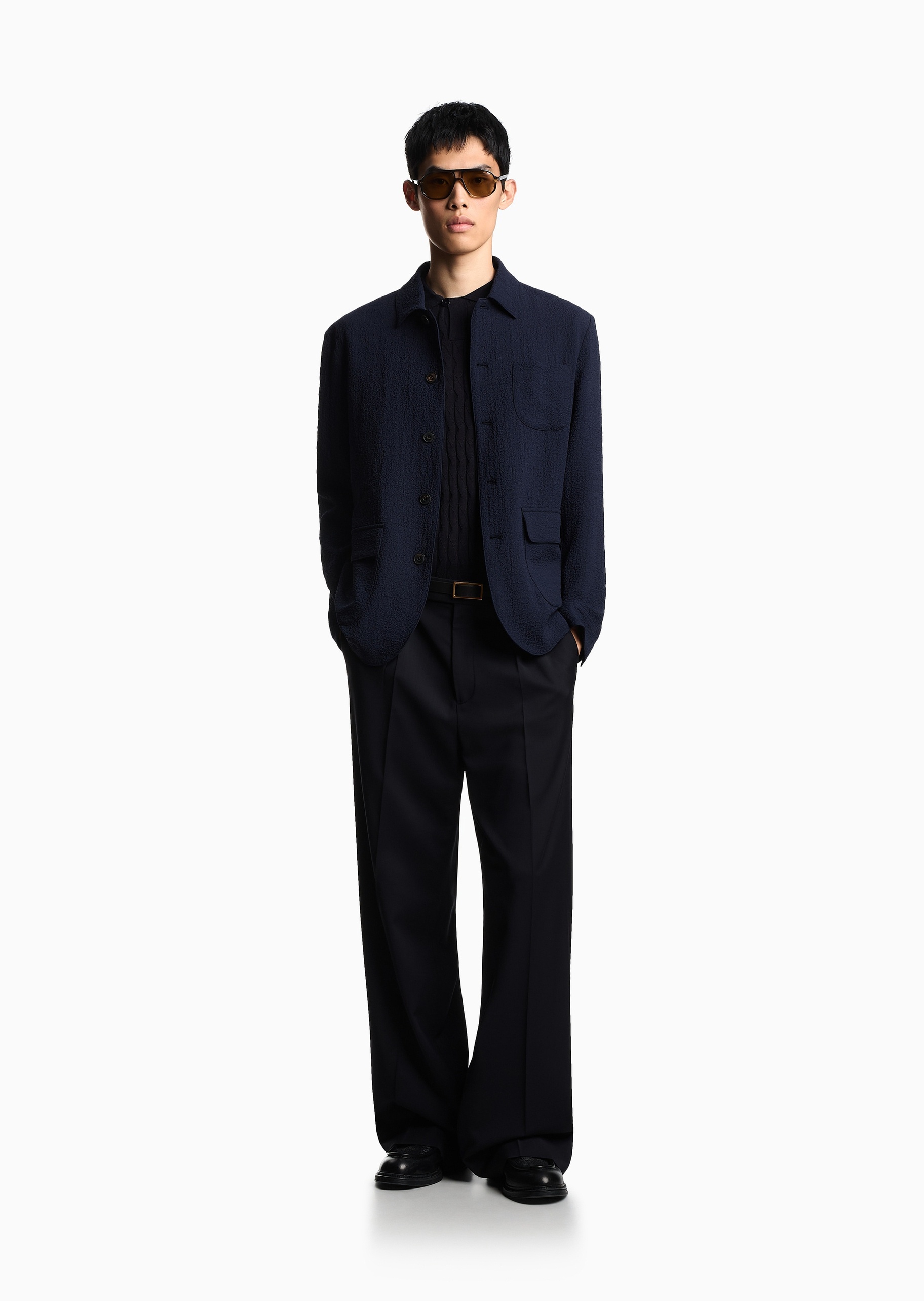 Emporio Armani 男士短袖Polo领纯色压花针织衫