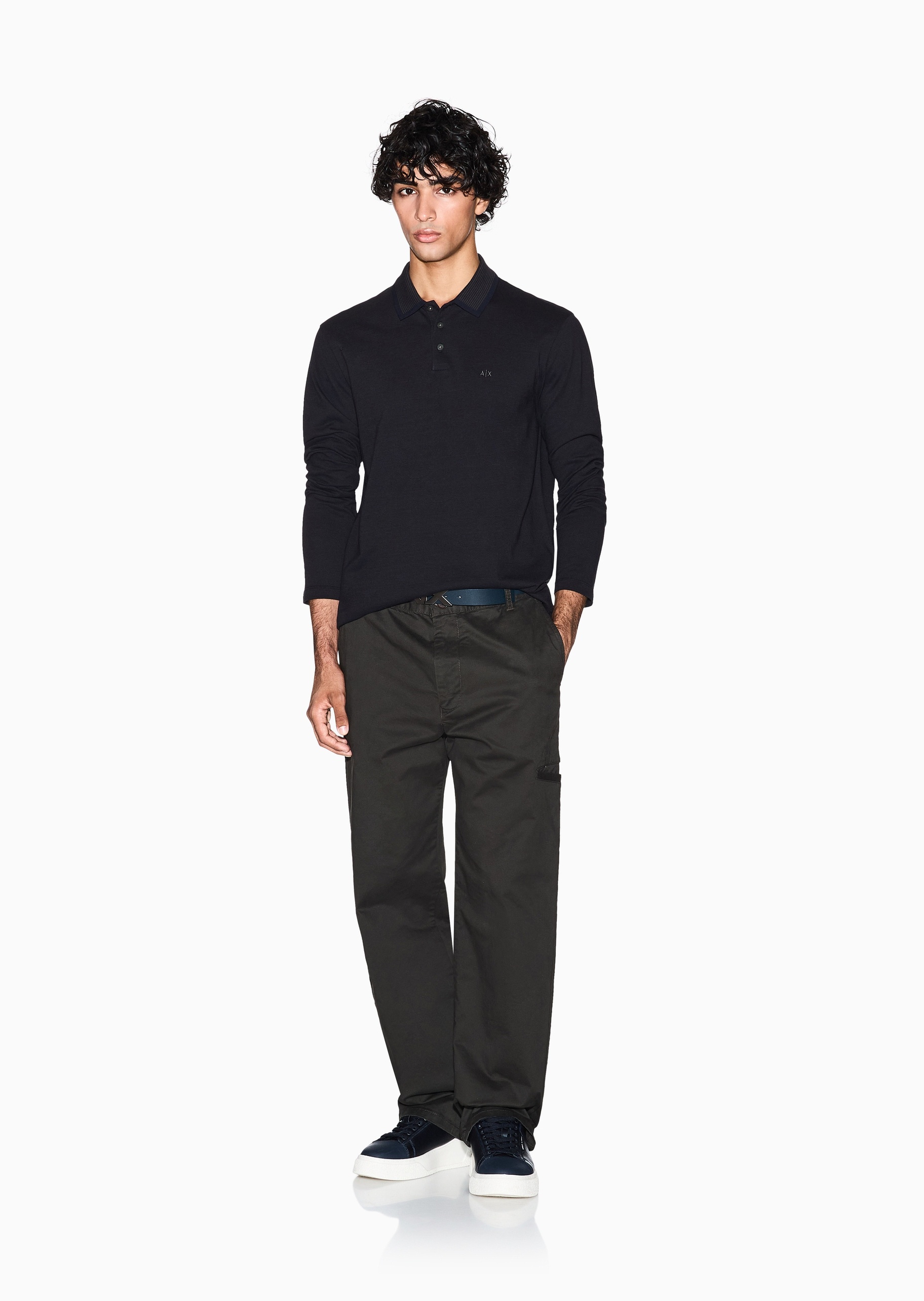 ARMANI EXCHANGE 男士珠地纯棉长袖翻领刺绣Polo衫