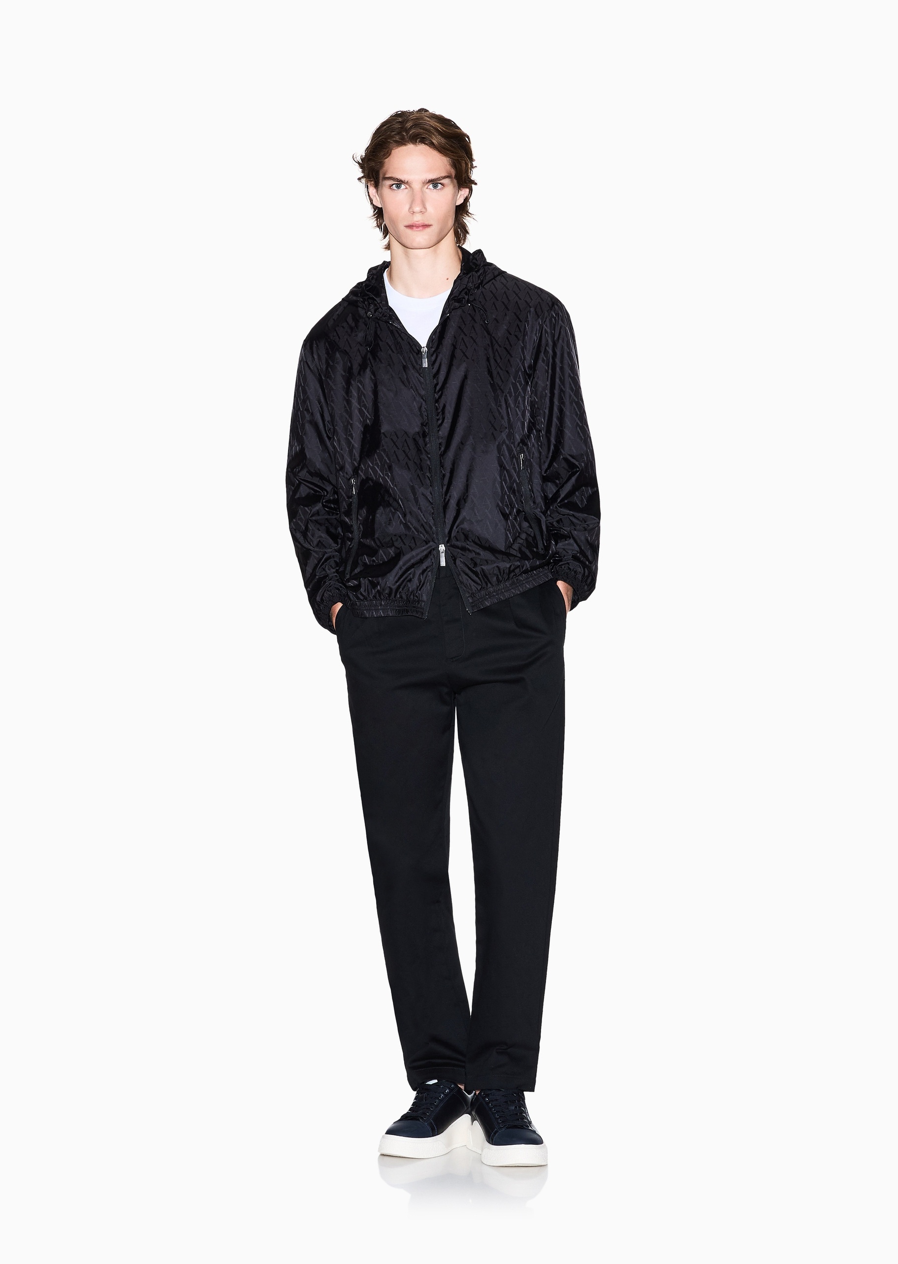 ARMANI EXCHANGE 男士长袖连帽拉链门襟满印字母夹克