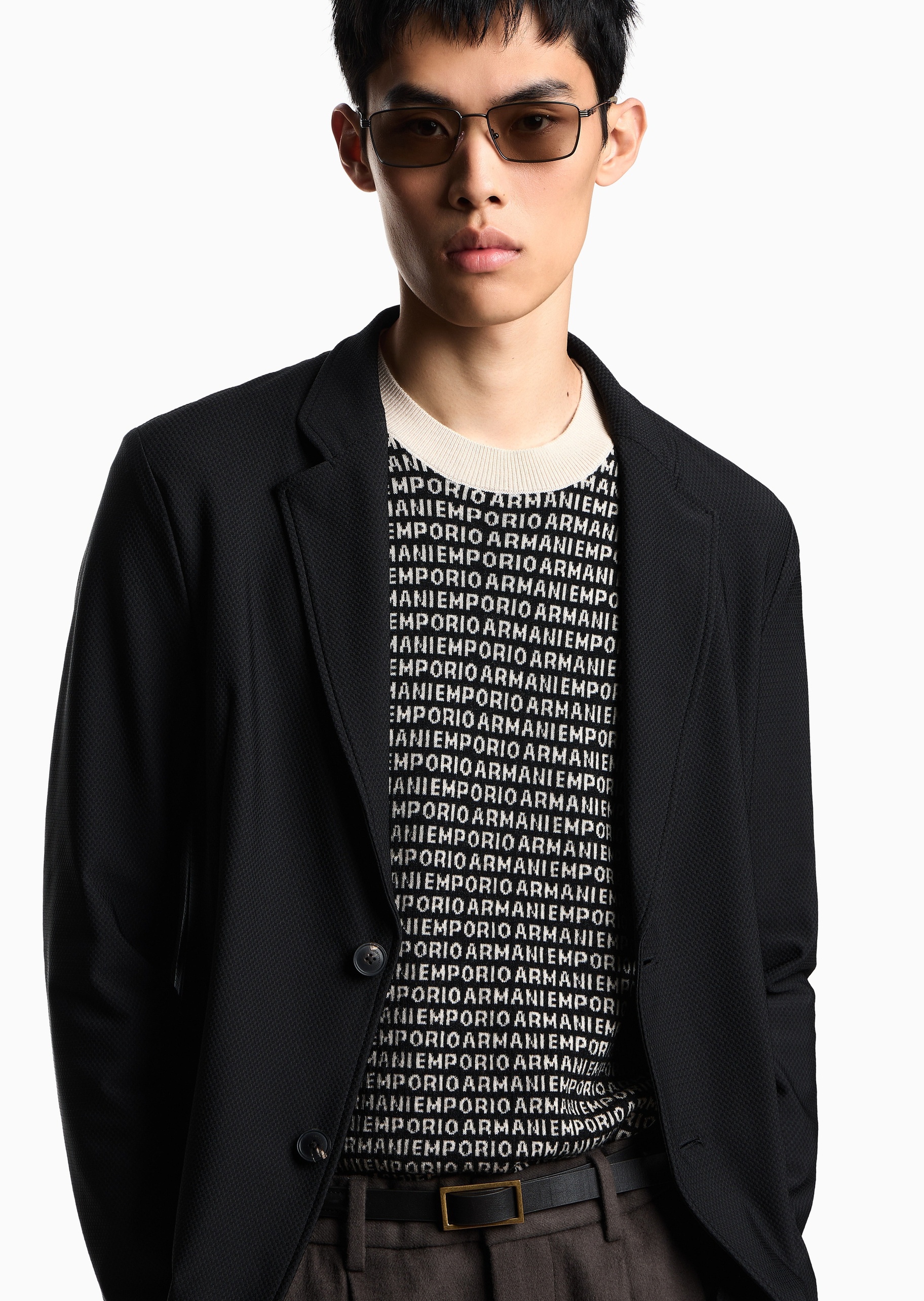 Emporio Armani 男士弹力长袖平驳领单排扣西装外套