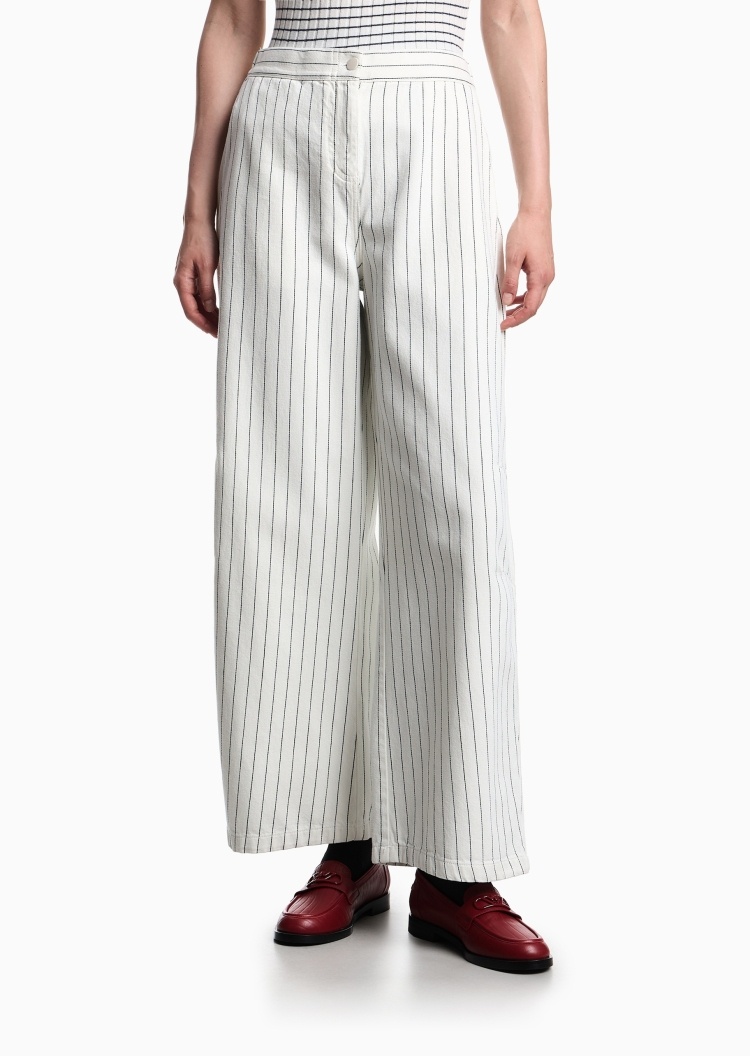 Emporio Armani 女士全棉宽松长款直筒细条纹休闲裤
