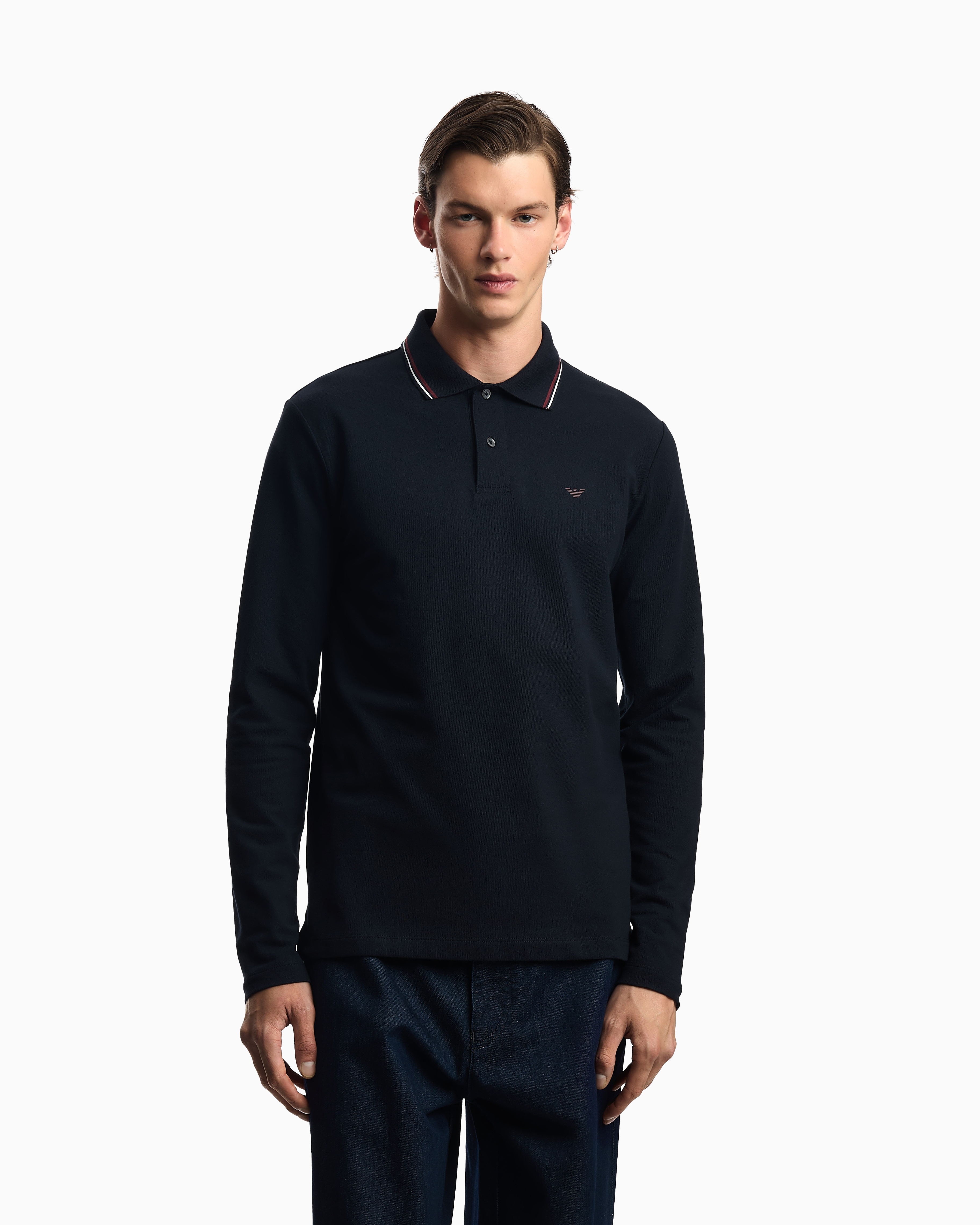 Emporio Armani 男士纯棉微弹修身长袖翻领多色Polo衫