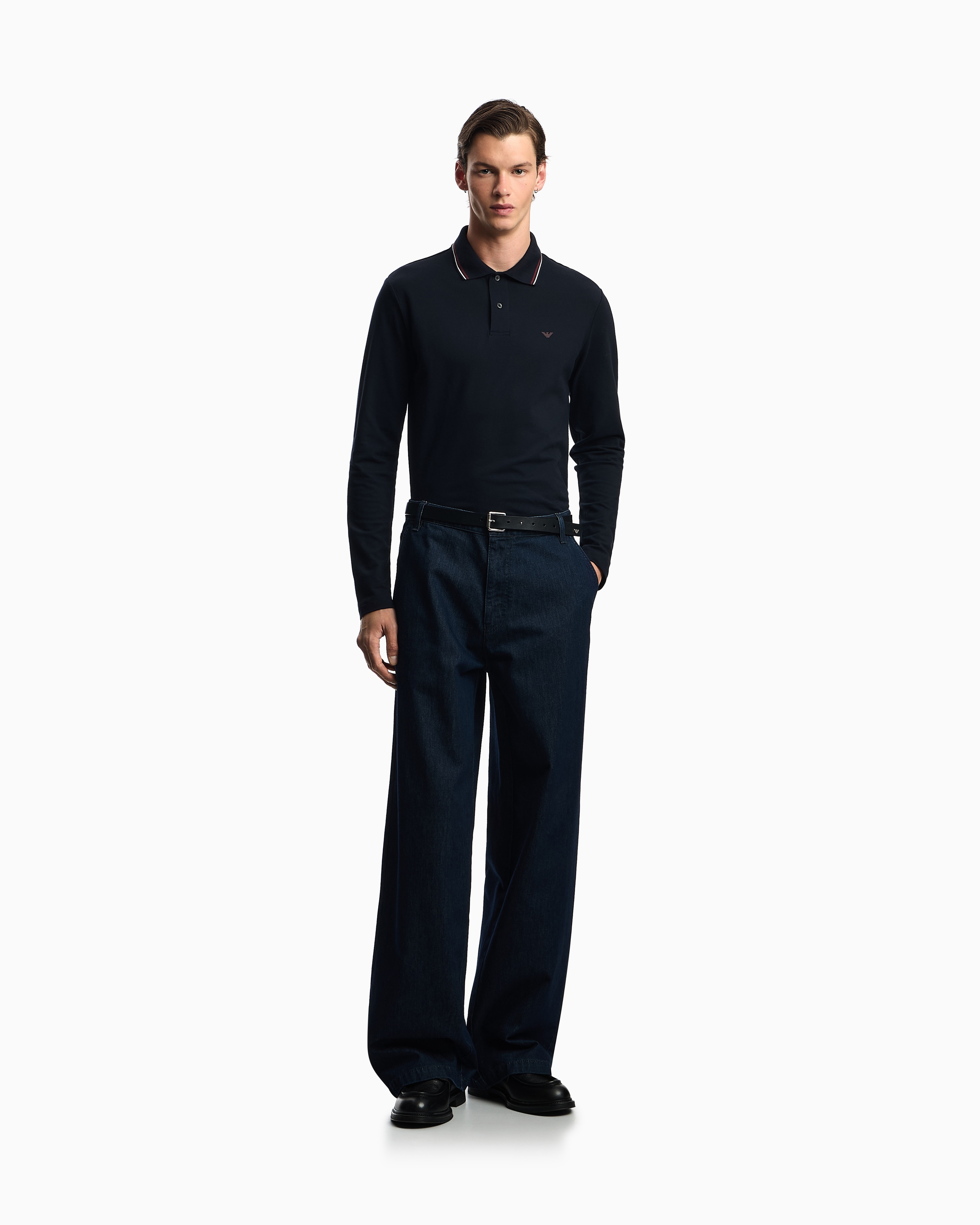 Emporio Armani 男士纯棉微弹修身长袖翻领多色Polo衫