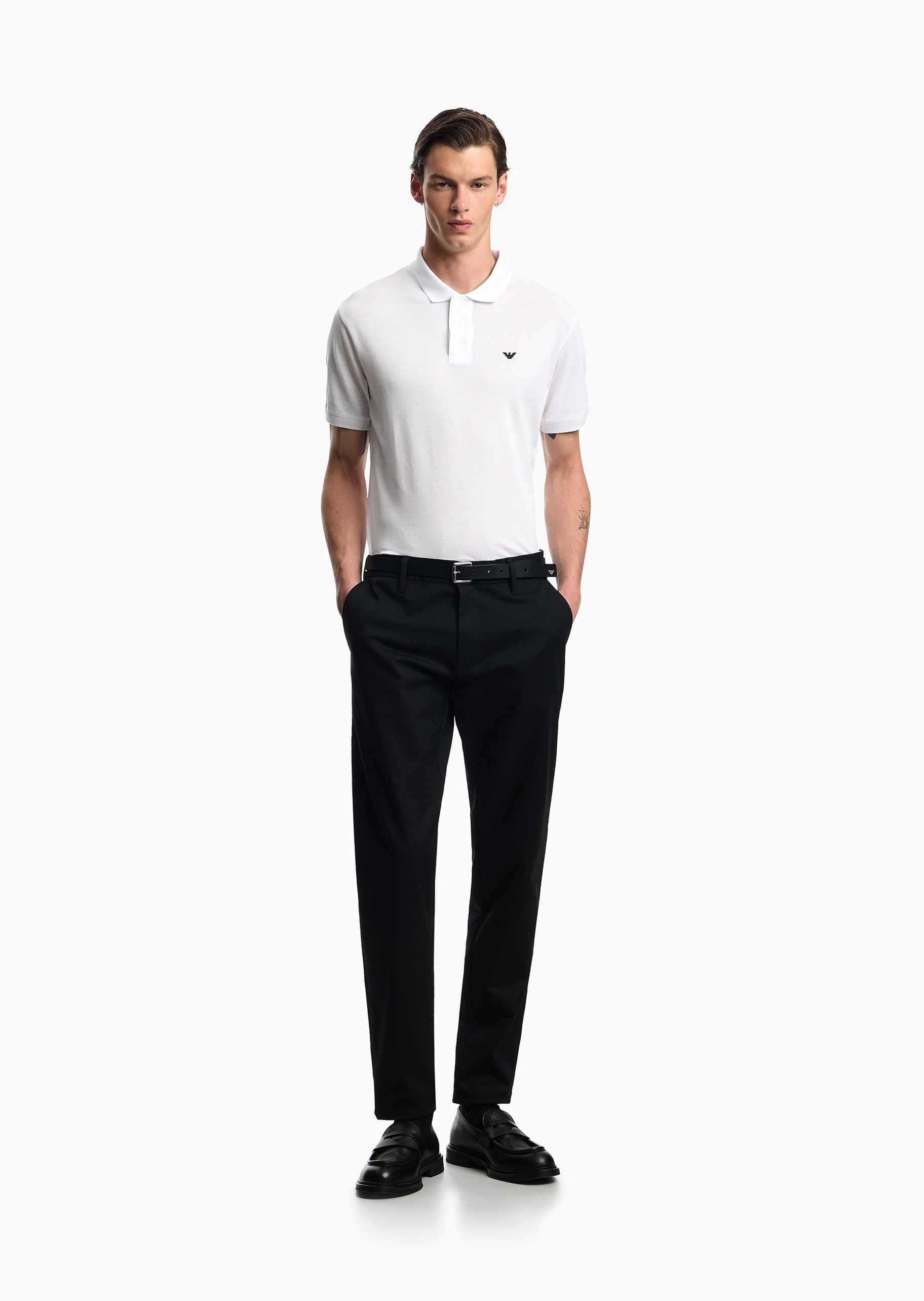 Emporio Armani 男士纯棉微弹合身长款直筒纯色商务休闲裤