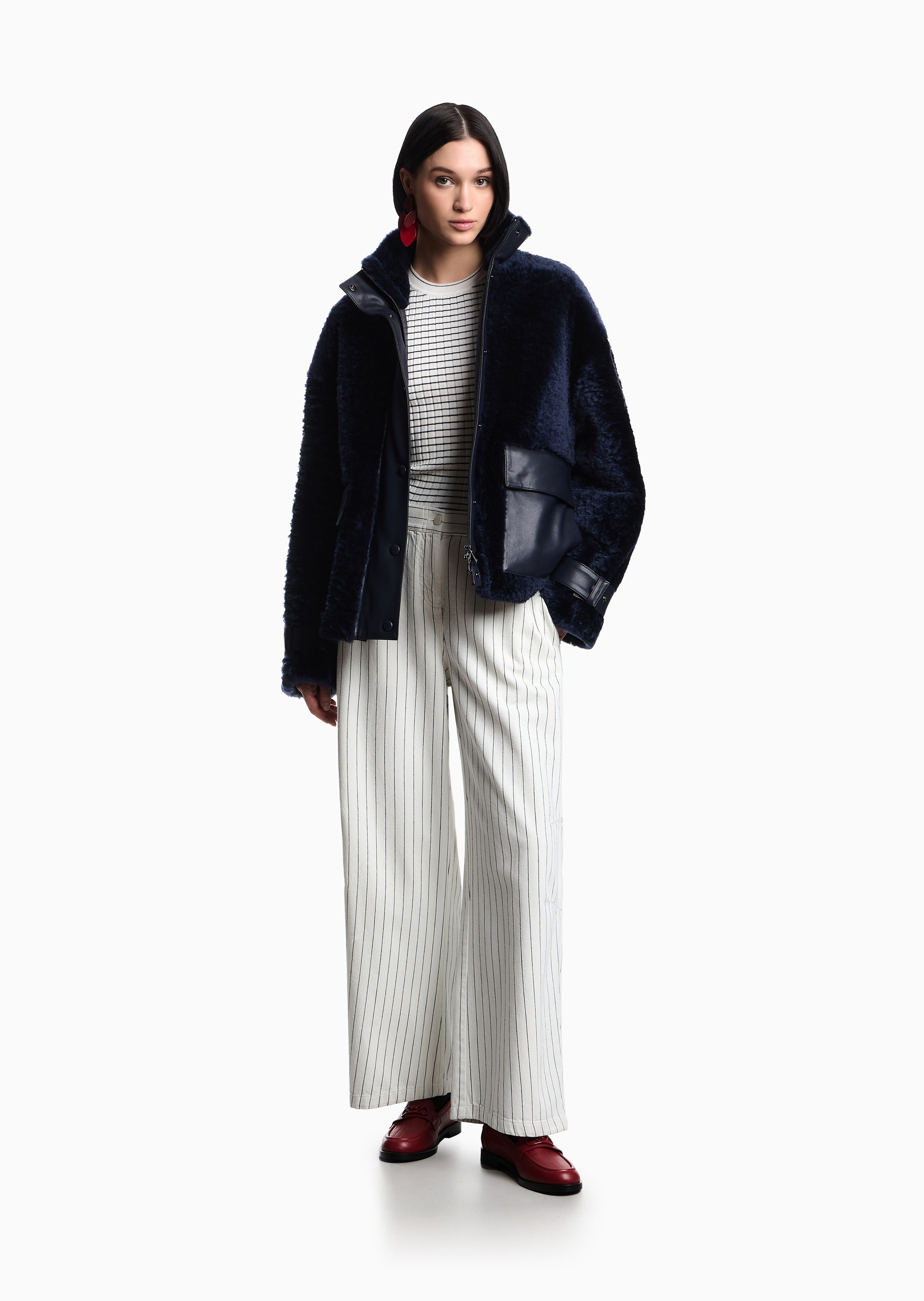 Emporio Armani 女士全棉宽松长款直筒细条纹休闲裤