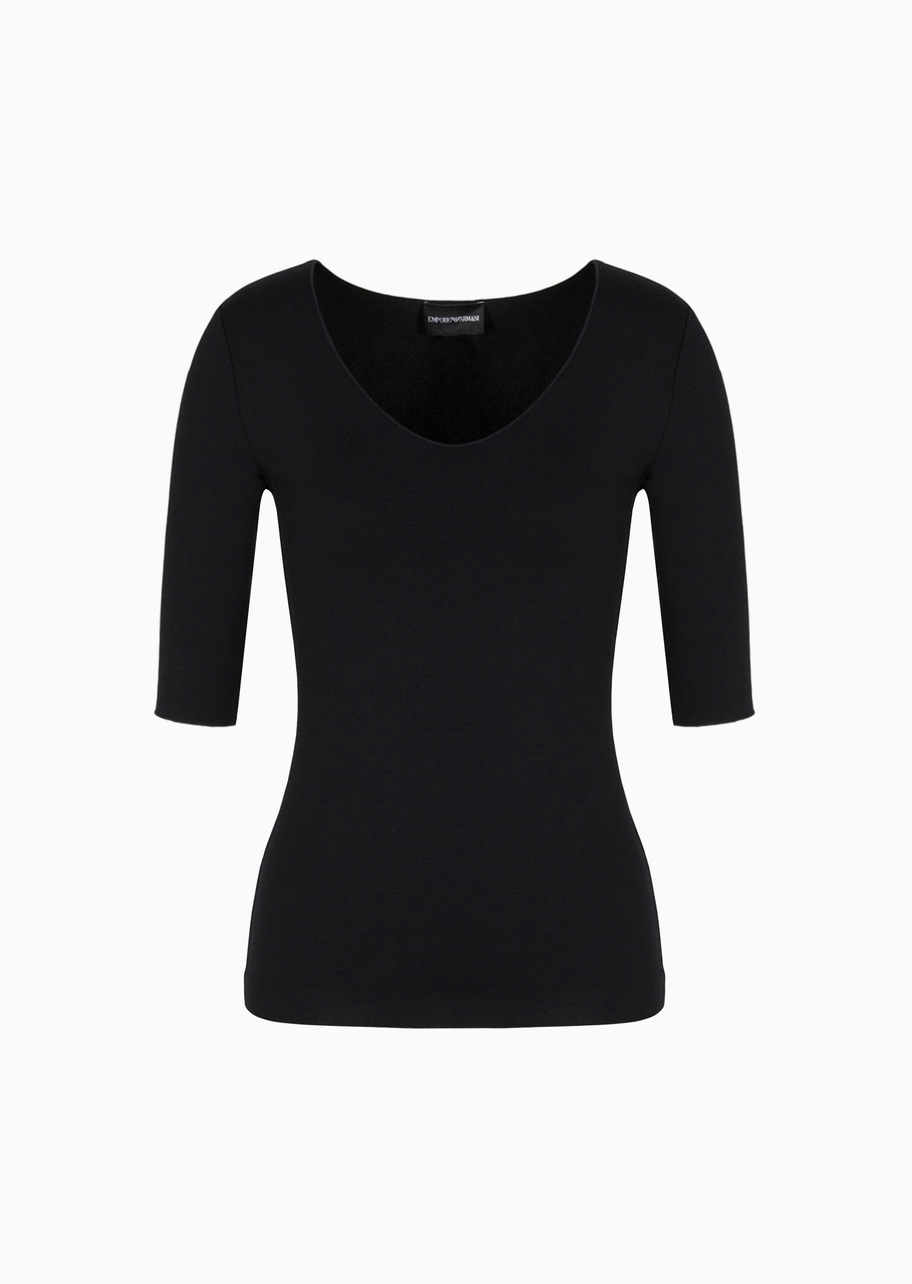 Emporio Armani 女士人造棉微弹修身中袖V领纯色针织T恤