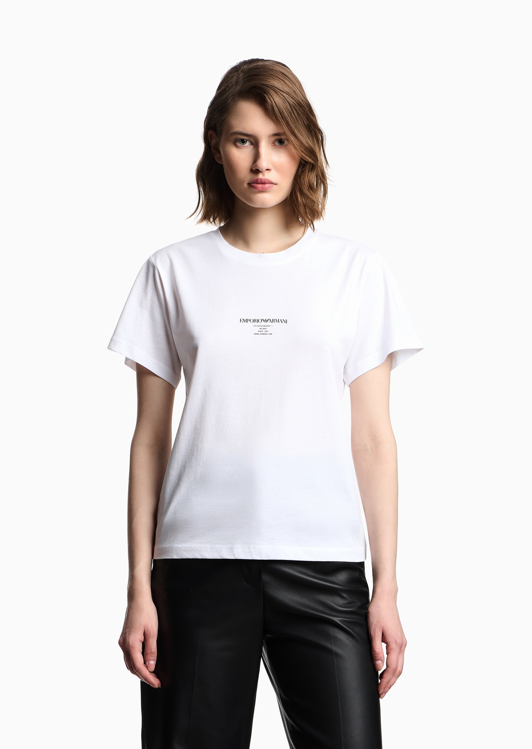 Emporio Armani 女士纯棉合身短袖圆领正肩纯色轻薄T恤衫