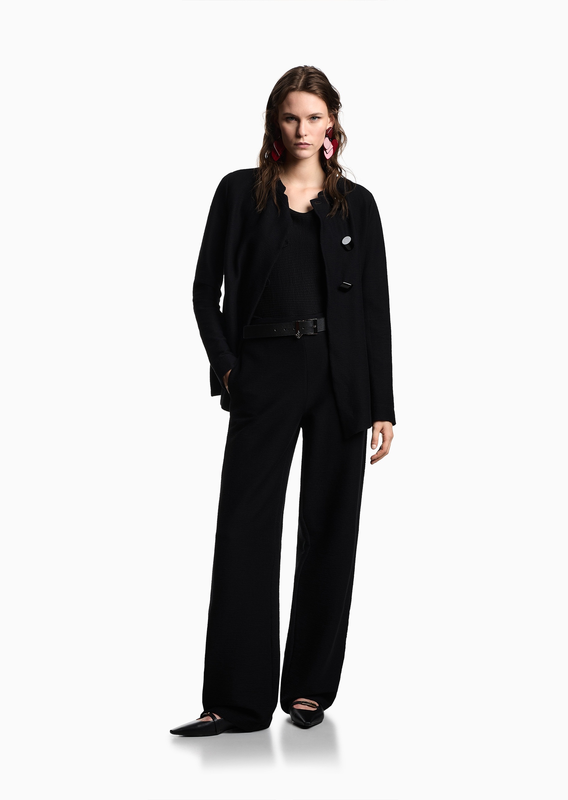 Emporio Armani 女士棉质微弹修身短袖圆领纯色压花T恤