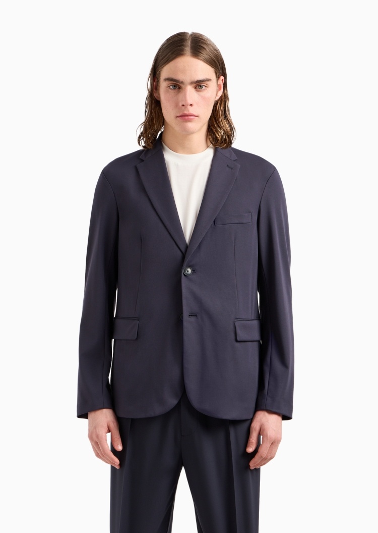 Emporio Armani 男士弹力合身长袖平驳领单排扣纯色西装外套