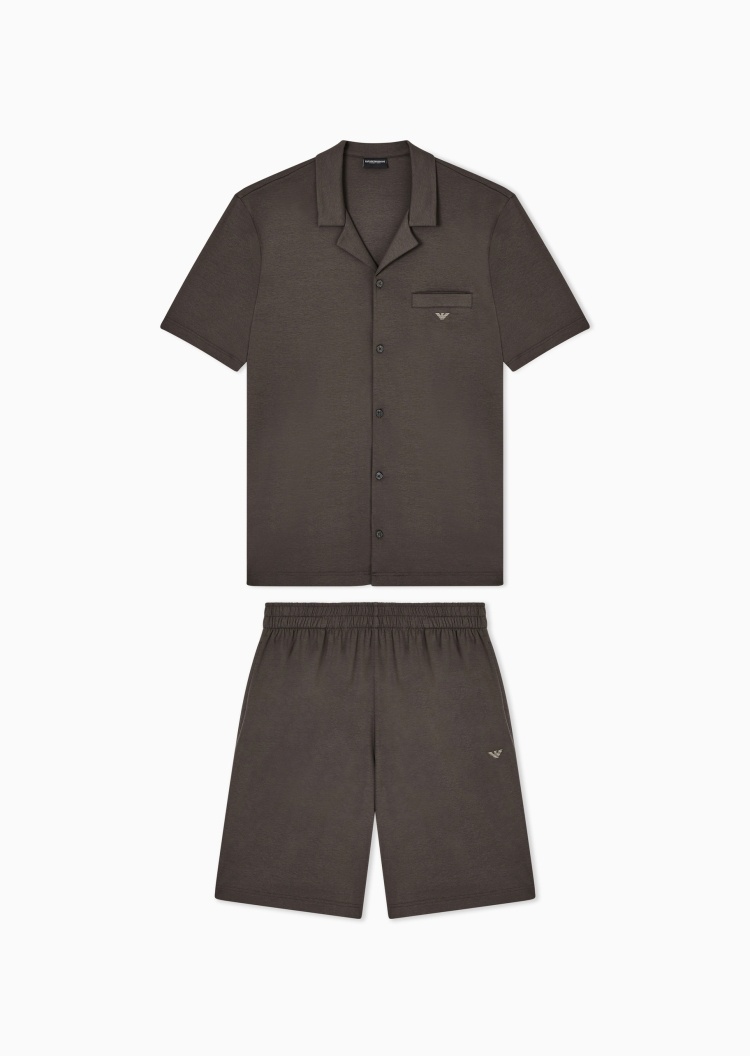 Emporio Armani 男士纯棉翻领短袖衬衫短裤睡衣套装