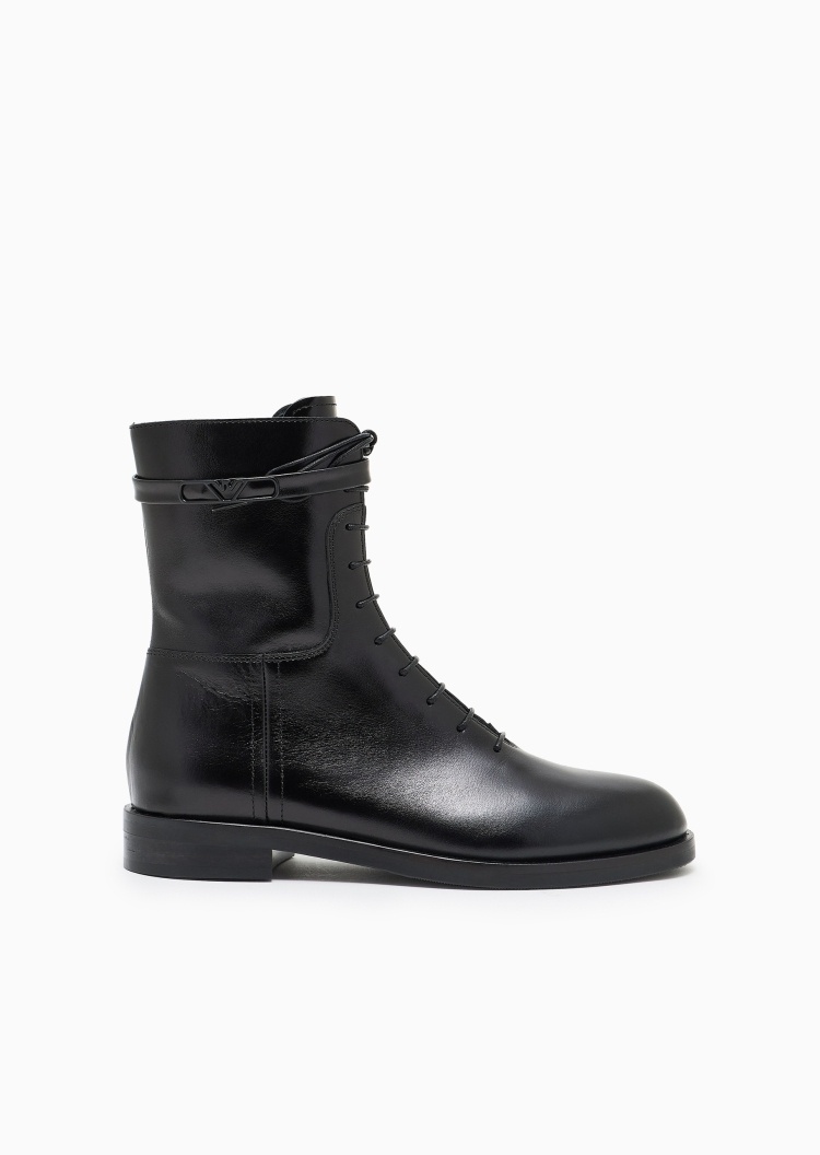 Emporio Armani 女士牛皮革短筒平底秀场同款商务通勤靴子