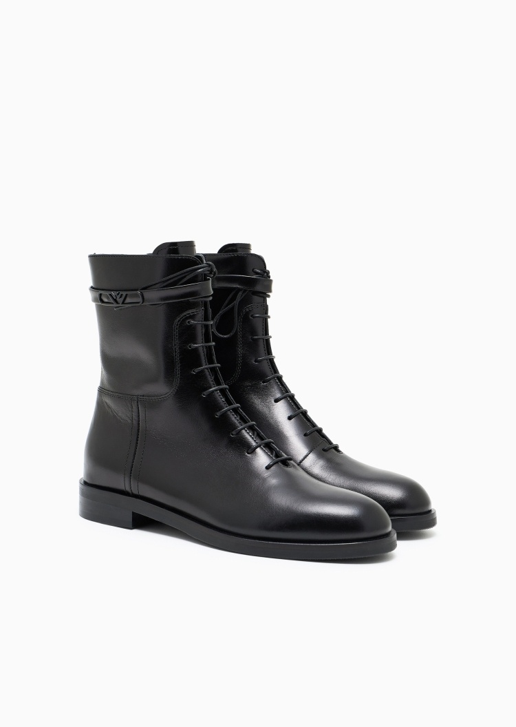 Emporio Armani 女士牛皮革短筒平底秀场同款商务通勤靴子