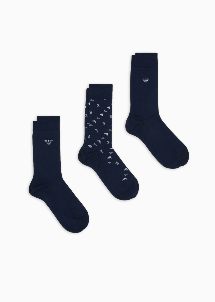 Emporio Armani 男士微弹中筒三双装鹰标提花休闲袜子套装