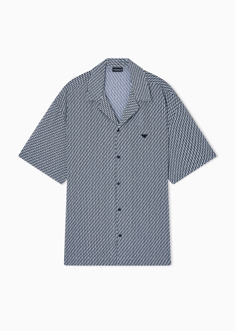 Emporio Armani 男士纯棉短袖翻领刺绣满印沙滩衬衫