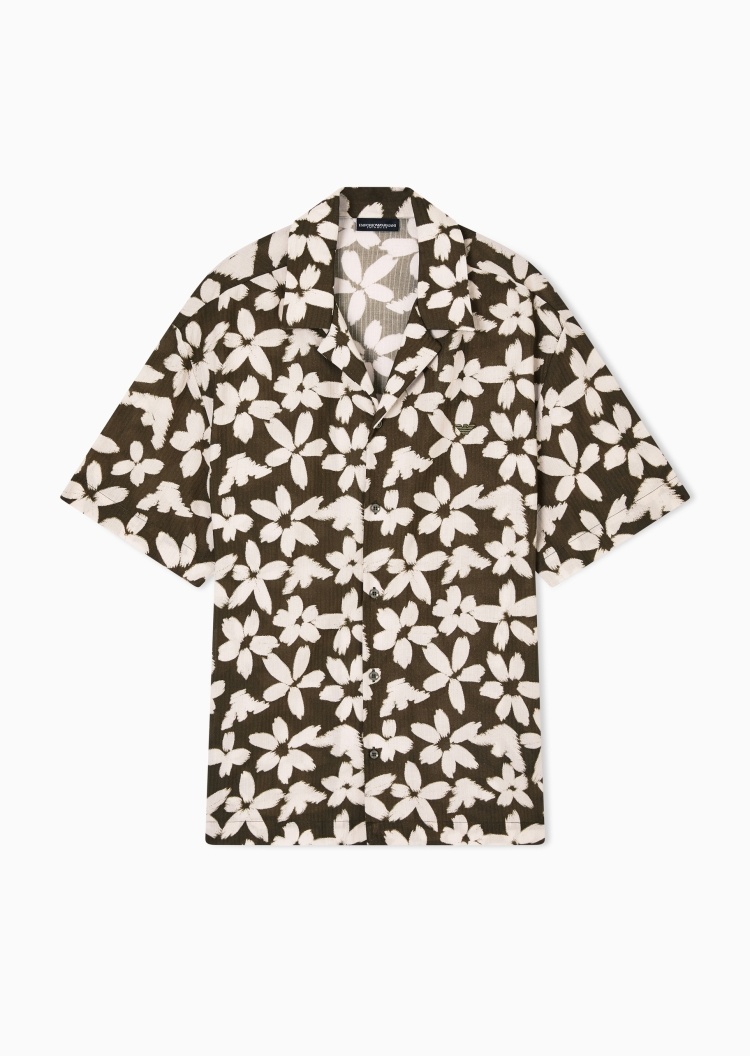 Emporio Armani 男士纯棉短袖翻领花卉印花沙滩衬衫