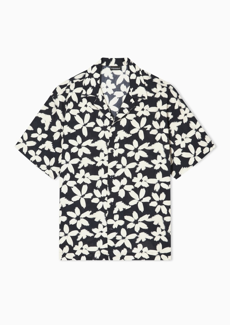 Emporio Armani 男士纯棉短袖翻领花卉印花沙滩衬衫