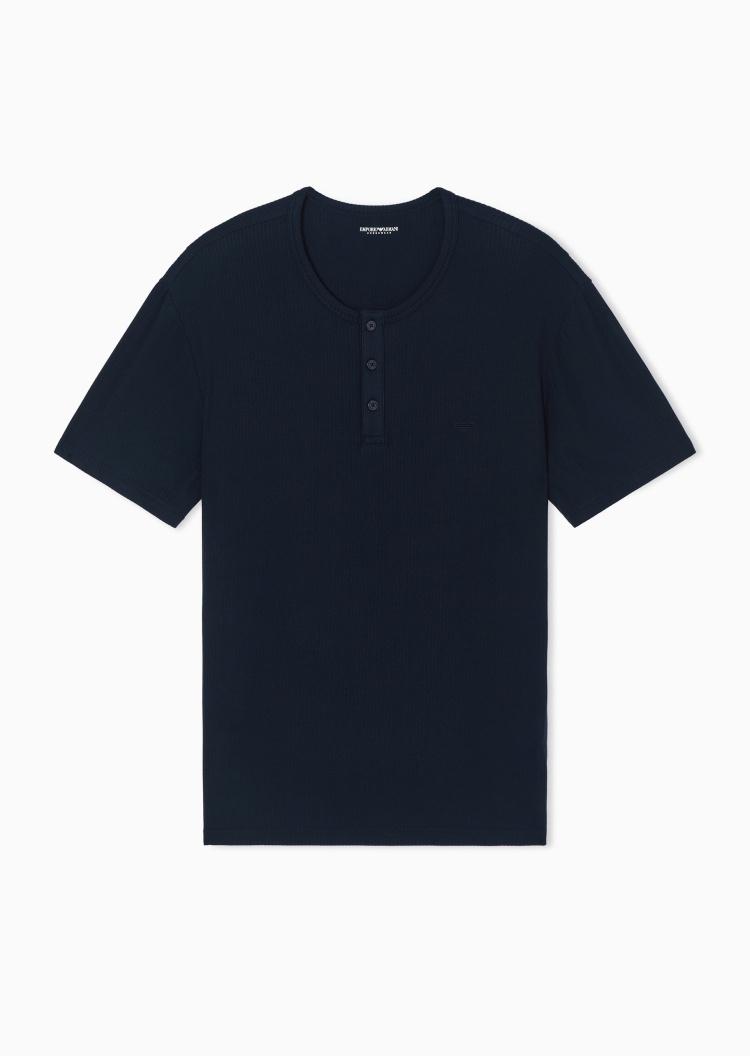 Emporio Armani 男士弹力短袖亨利领刺绣针织家居T恤