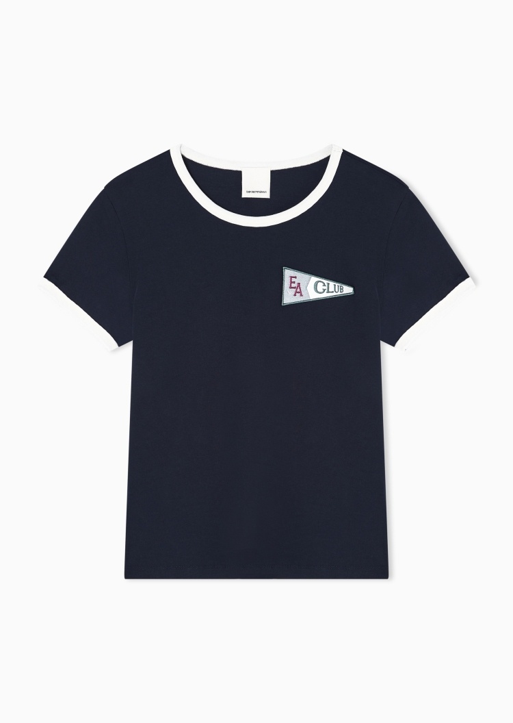 Emporio Armani 女士纯棉轻薄合身短袖圆领正肩刺绣撞色T恤