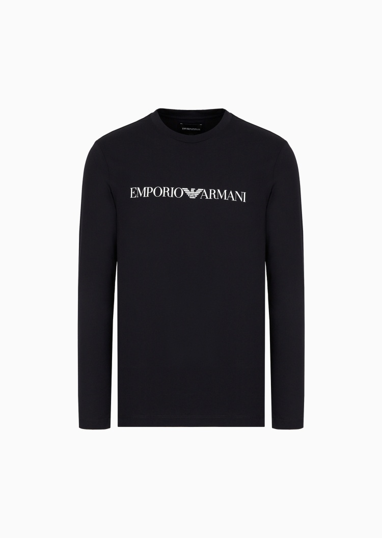 Emporio Armani 男士纯棉修身长袖圆领印花纯色T恤