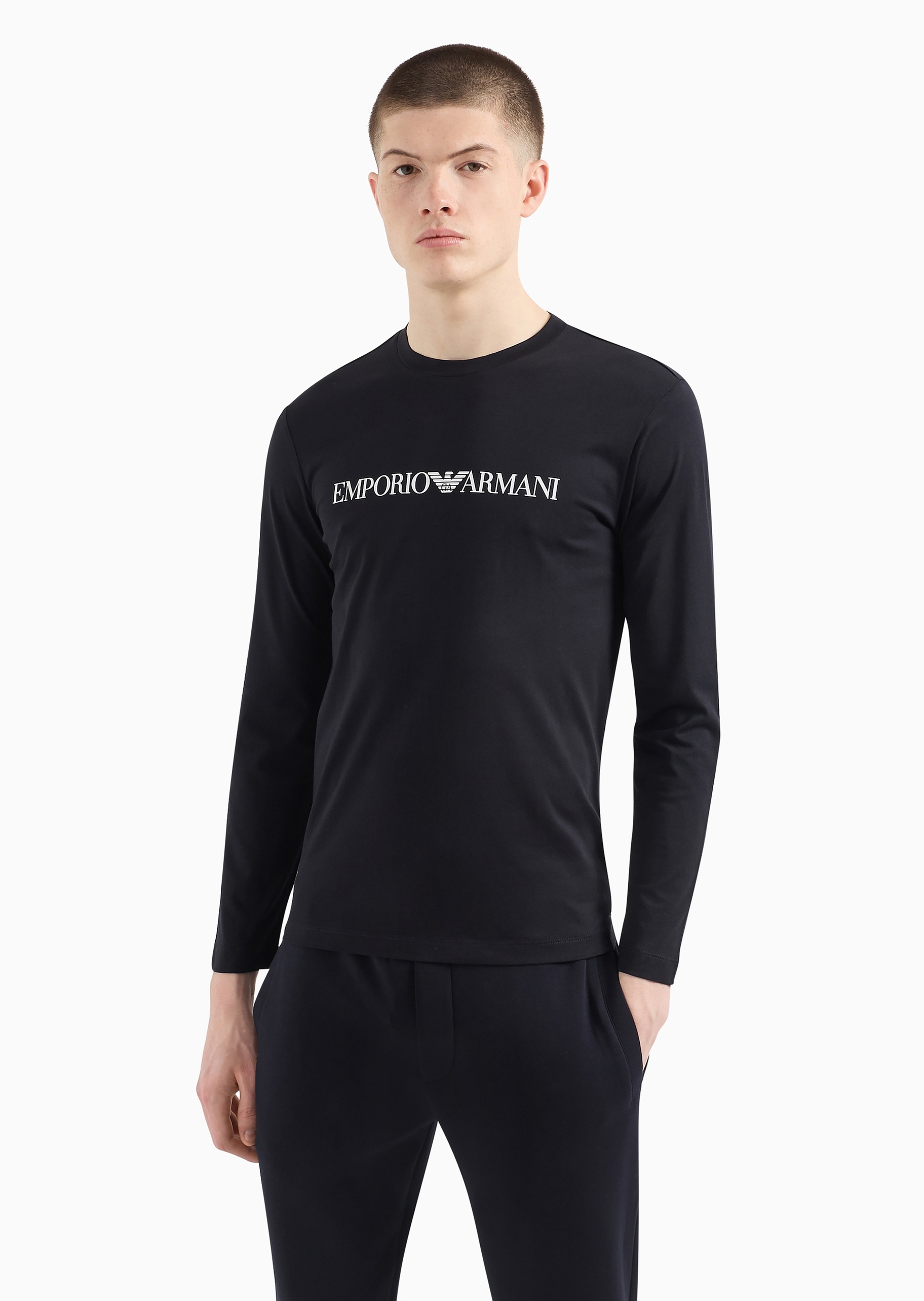 Emporio Armani 男士纯棉修身长袖圆领印花纯色T恤