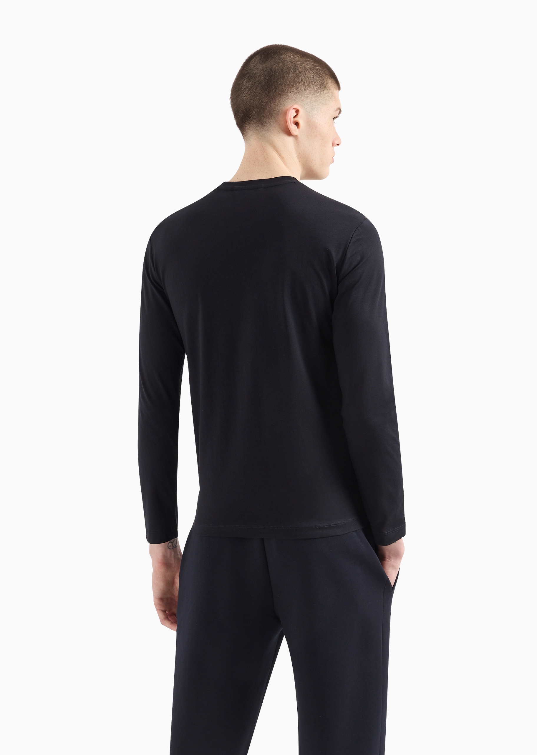 Emporio Armani 男士纯棉修身长袖圆领印花纯色T恤