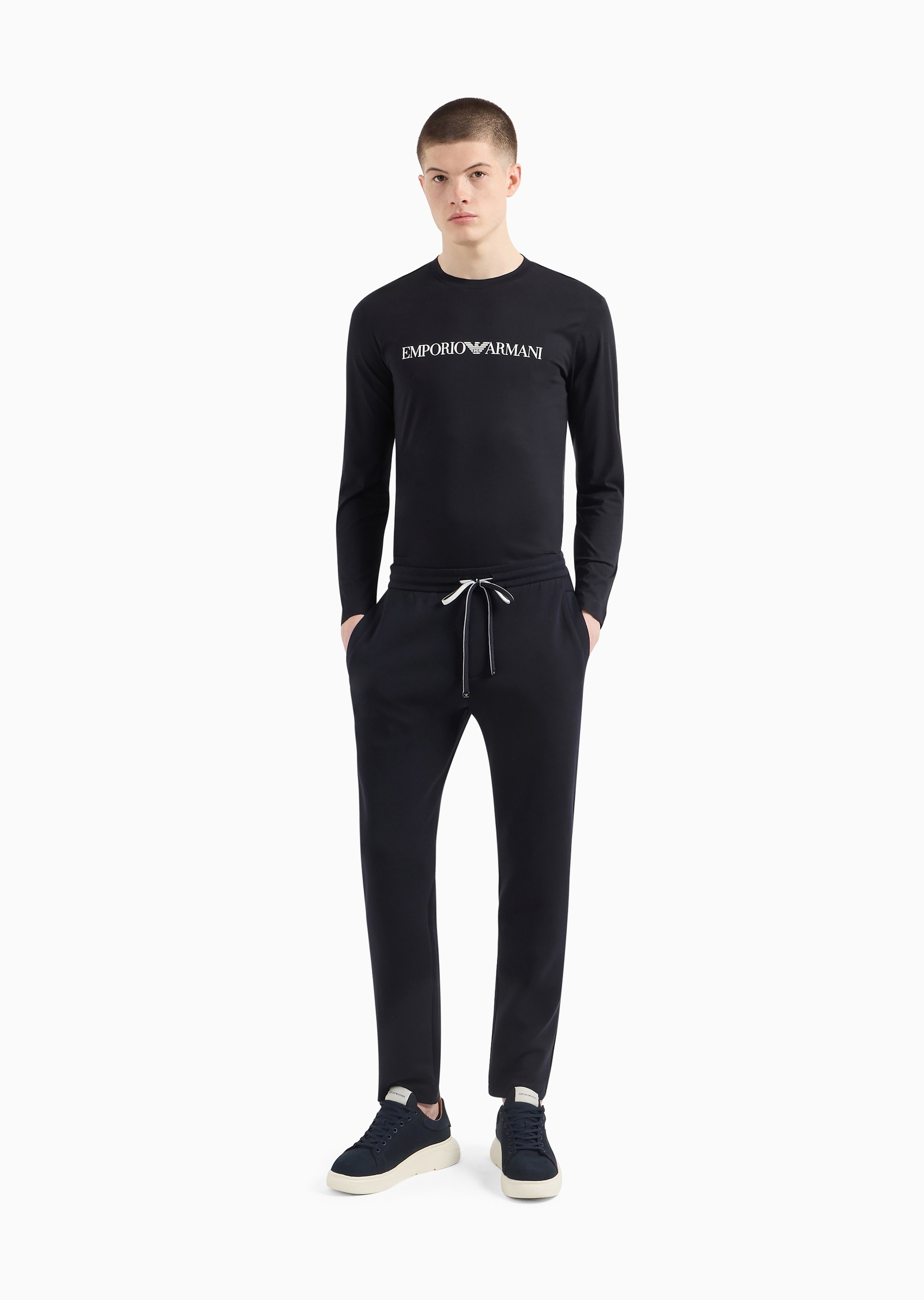 Emporio Armani 男士纯棉修身长袖圆领印花纯色T恤