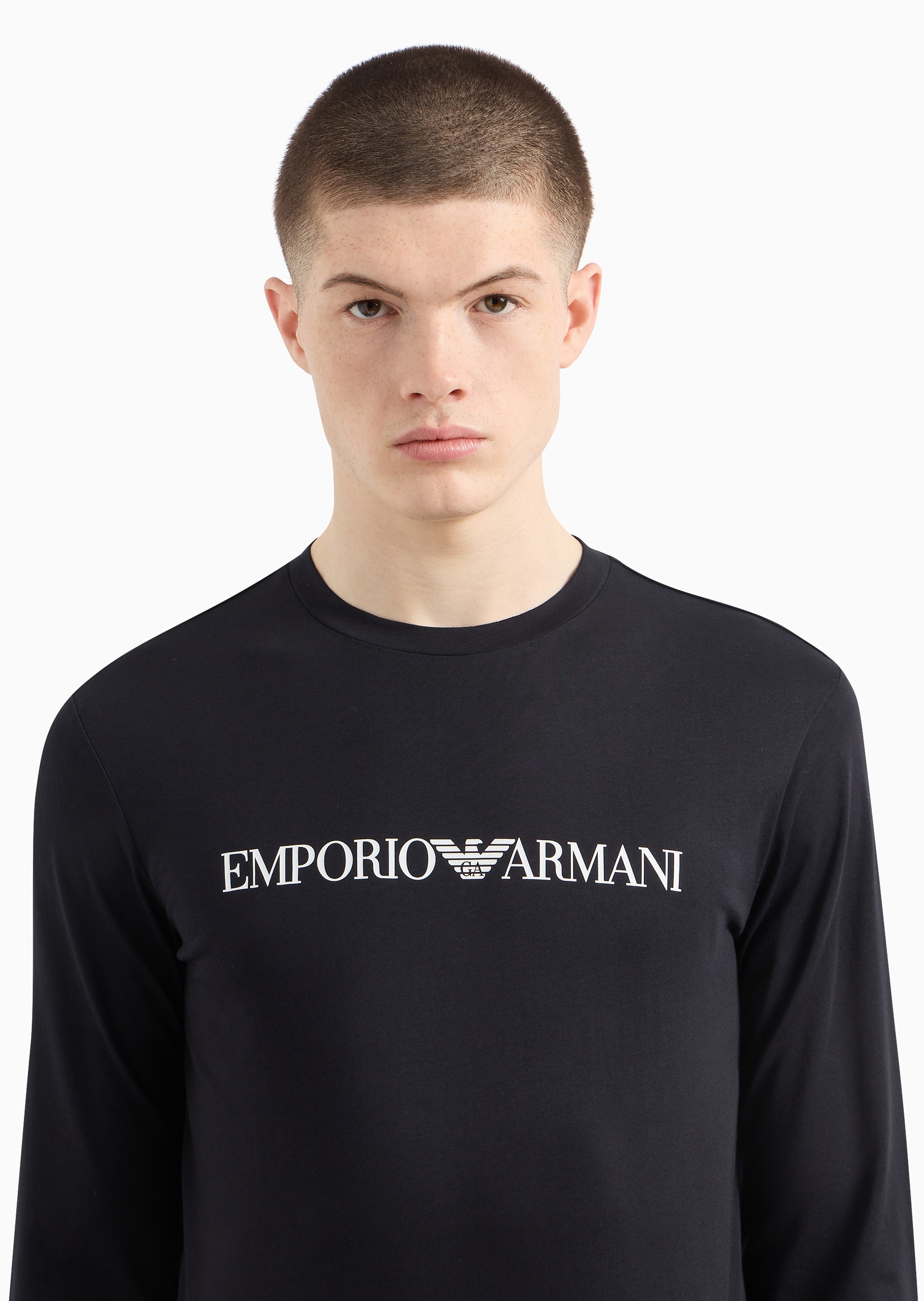 Emporio Armani 男士纯棉修身长袖圆领印花纯色T恤