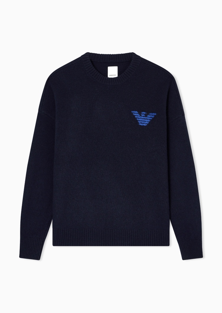 Emporio Armani 男士圆领绵羊毛宽松刺绣套头针织毛衣